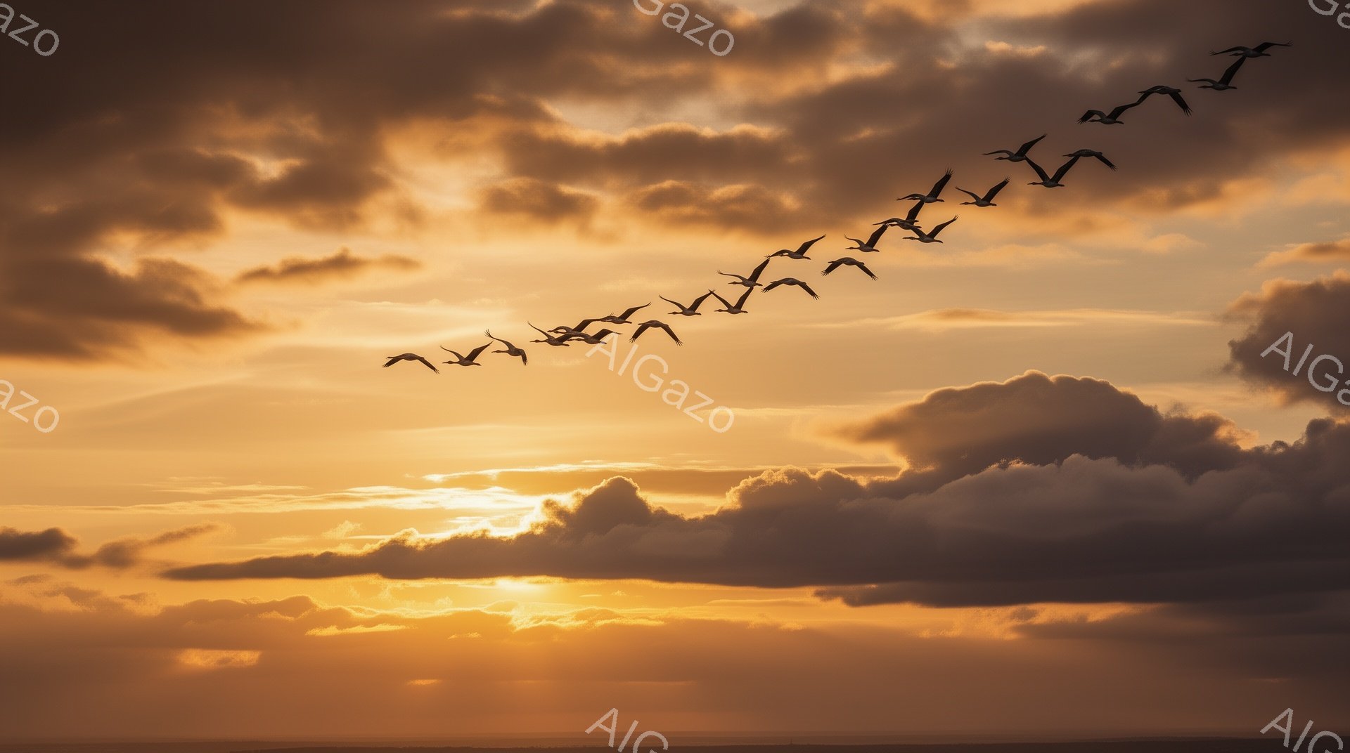 夕焼け空をV字型に飛ぶ鳥たちの群れが印象的な風景です。地平線近くの太陽が雲を照らし、空全体を暖かなオレンジ色に染めています。穏やかで幻想的な雰囲気が漂い、自然の美しさを感じさせます。 - AI生成フリー素材
