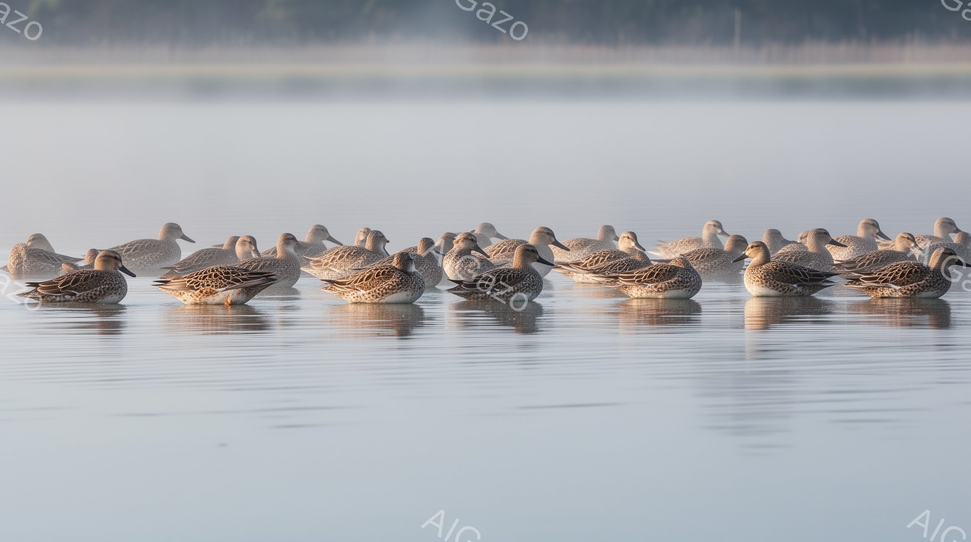 静かな水面に、多くの鳥たちが一列に並んで浮かんでいる。朝霧が立ち込め、水面と鳥たちの姿がぼんやりと溶け合い、穏やかな雰囲気を醸し出している。鳥たちは一様に前方を向き、静かに水面を漂っている。
