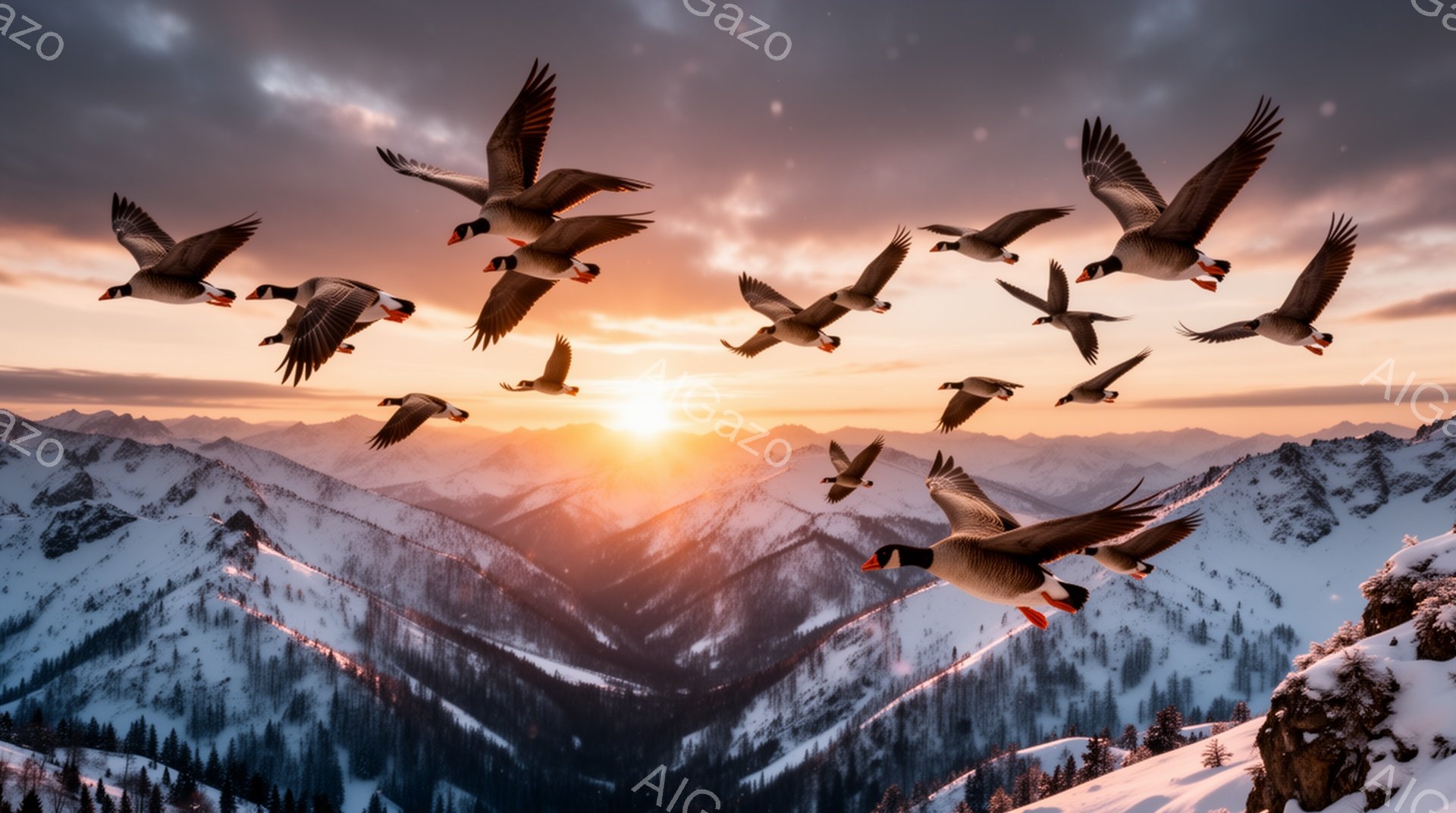 雪山を背景に、編隊を組んで飛ぶ雁の群れが印象的な風景です。夕焼けの光が雪山を赤く染め上げ、幻想的な雰囲気を醸し出しています。雪原と空のコントラストが美しく、冬の自然の雄大さを感じさせます。 - AI生成フリー素材