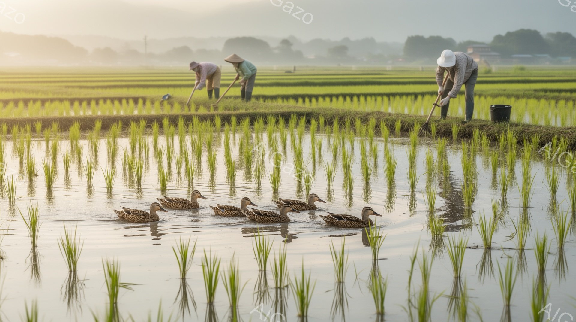 水田で働く農夫たちが写っている。朝日が差し込み、水面に反射して美しい光景を作り出している。アヒルが水の中を泳ぎ、穏やかな朝の雰囲気を演出している。