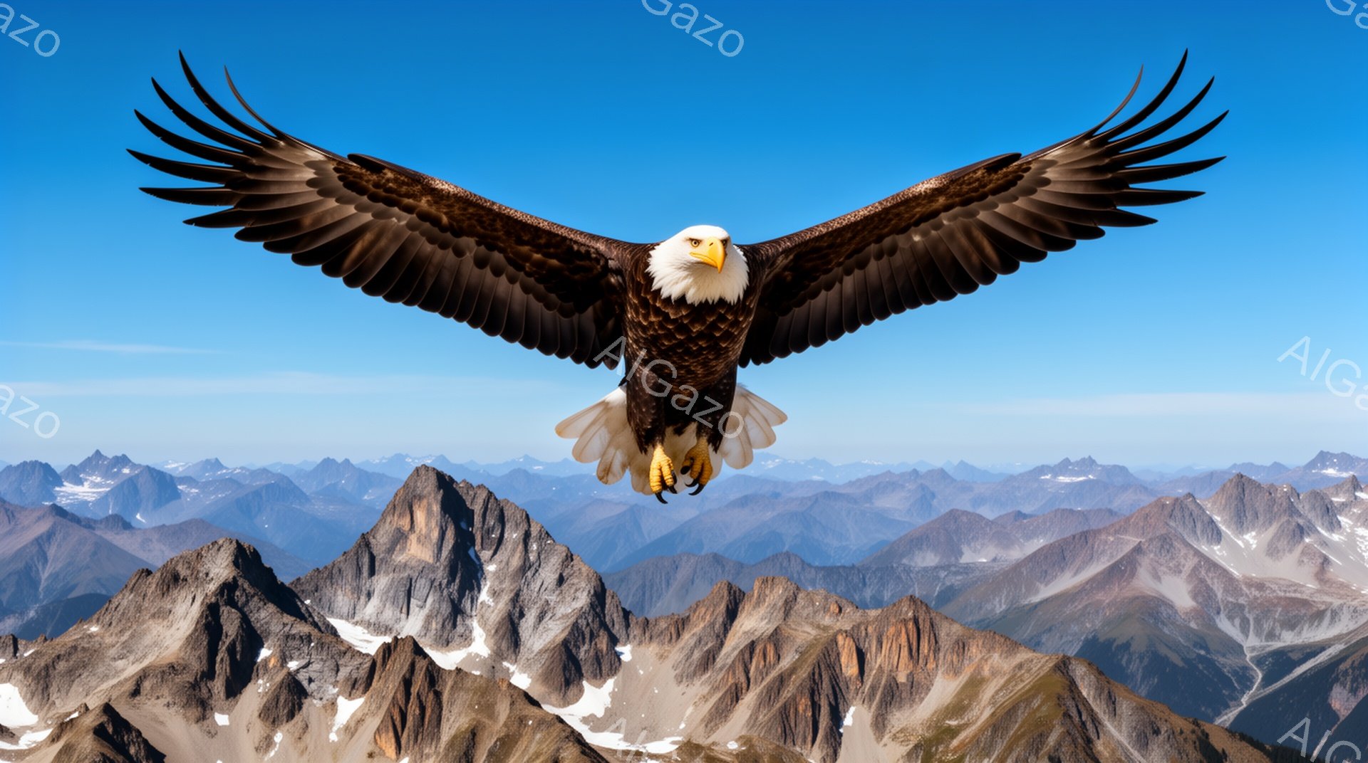 雄大な山脈を背景に、翼を広げた白尾海鷹が空を舞っている。太陽光が羽に当たり、力強く美しい姿が印象的だ。鮮やかな青空と雪を抱いた山々のコントラストが、自然の壮大さを際立たせている。