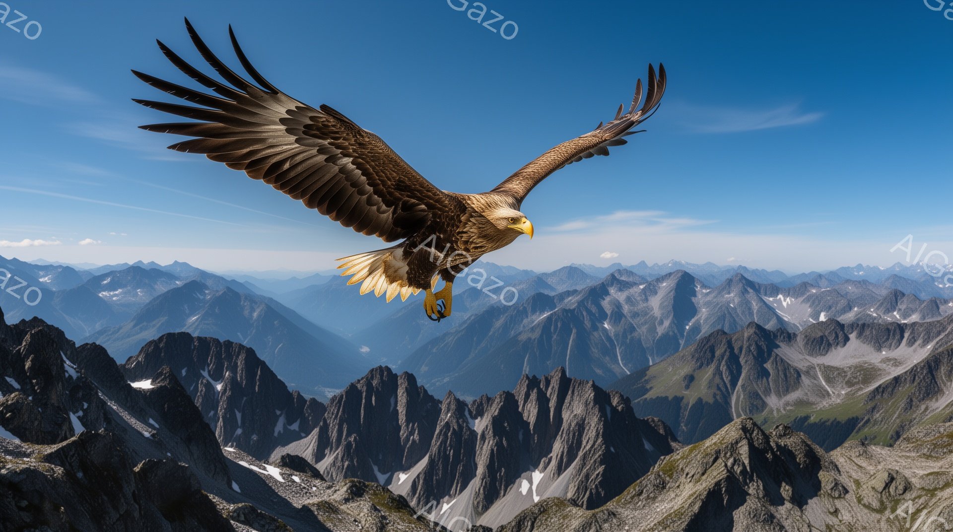 岩が連なる山岳地帯を、翼を広げた巨大なワシが飛んでいる。青空を背景に、ワシの力強いシルエットと、険しい山々の風景が印象的だ。自然の雄大さを感じさせる、壮大な光景である。 - AI生成フリー素材
