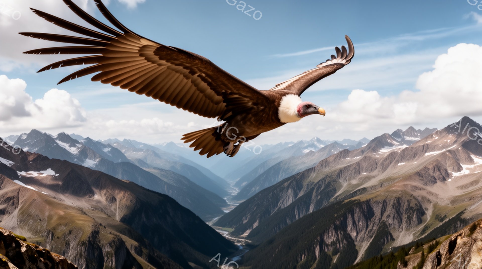 広大な山岳地帯を背景に、翼を広げたハゲワシが悠々と空を舞っている。鋭い眼光と力強い翼の造形が印象的で、大自然の力強さと自由さを感じさせる。山々は険しく、まるでハゲワシの王国のように見える。 - AI生成フリー素材