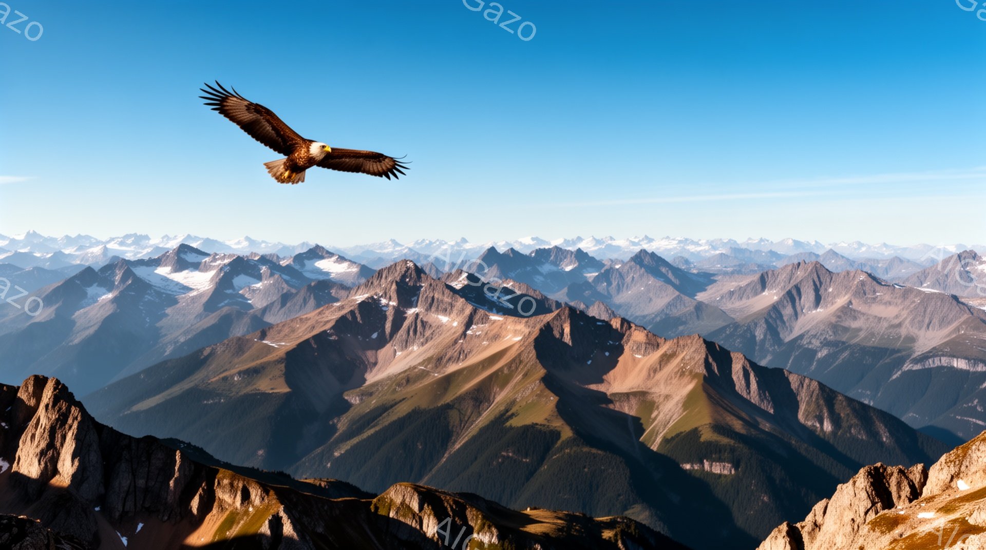 青々とした空の下、険しい山々が連なり、その中で一羽のワシが力強く翼を広げて飛んでいる。山肌は緑と茶色が混ざり合い、遠くには雪を抱いた山頂が見える。力強い自然の息吹を感じさせる、雄大な景色だ。