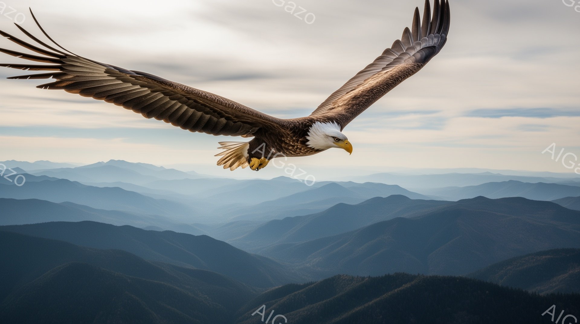 雄大な山々の風景を背景に、白頭鷲が翼を広げて空を舞っている。鷲の鋭い眼差しと力強い翼は、自然の力強さと美しさを象徴している。霞んだ山々が、荘厳で神秘的な雰囲気を醸し出している。