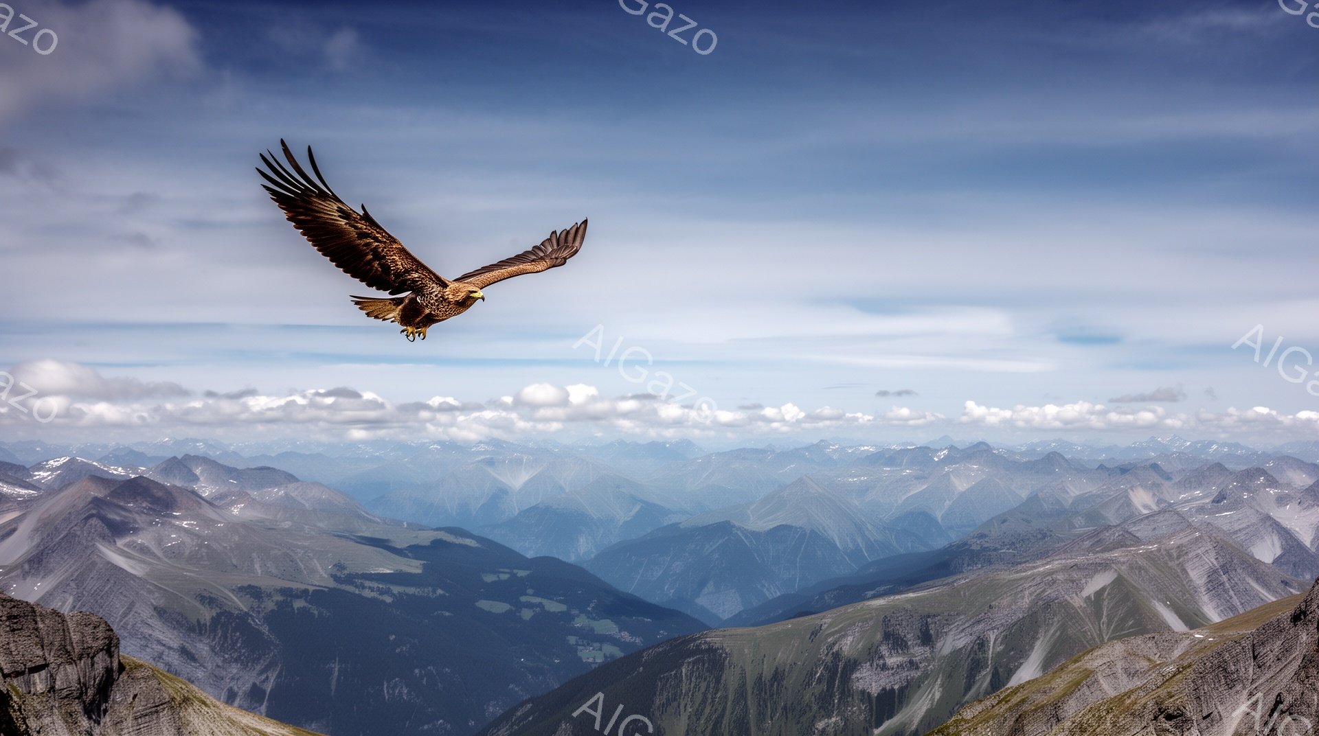 岩峰の上空を、翼を大きく広げたワシが舞っている。背景には、連なる山々が雲海から顔を出し、壮大な自然の風景が広がる。晴天の空と緑豊かな山々のコントラストが印象的だ。