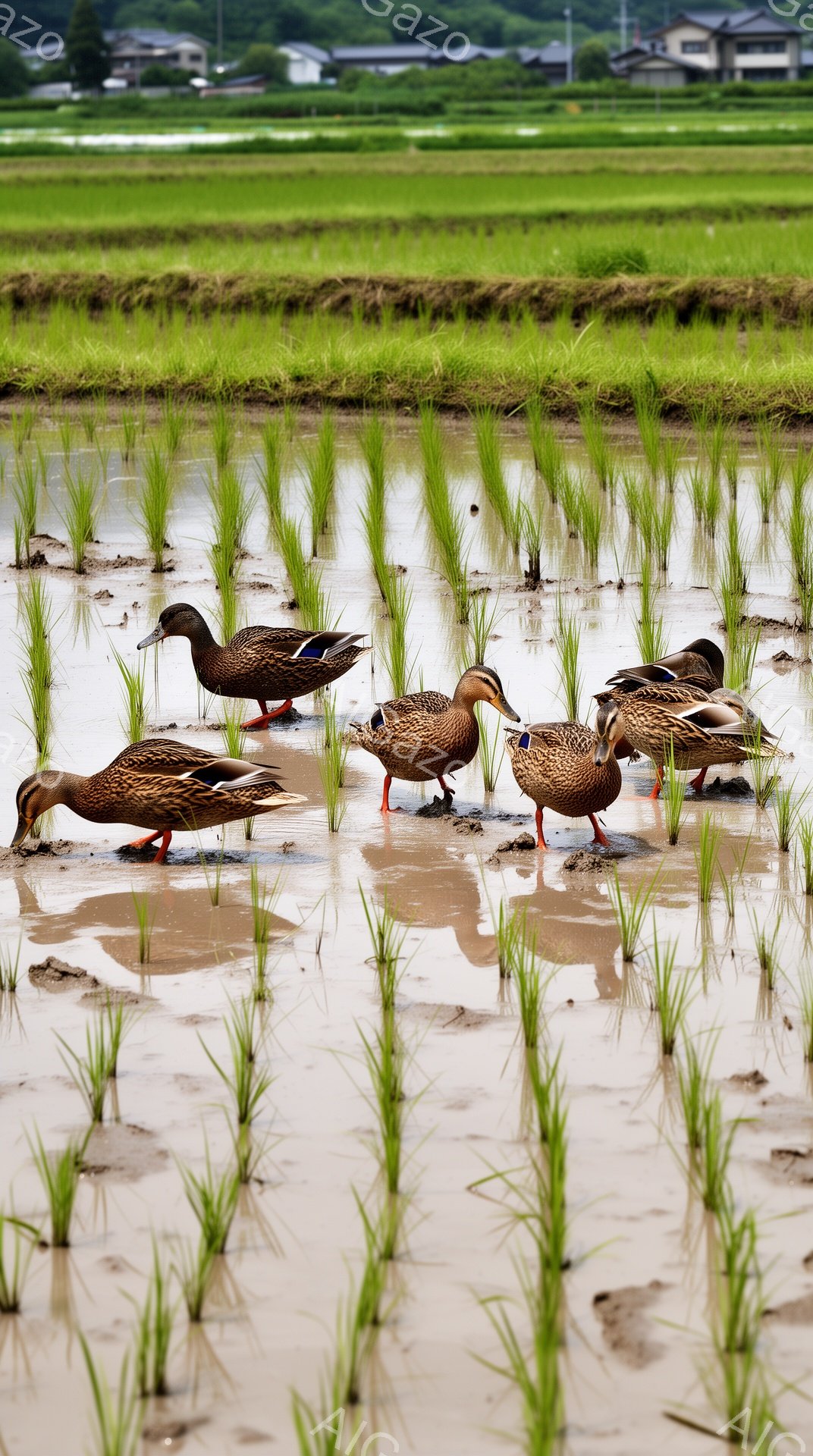 浅い水田でアヒルたちが餌を探している様子が写っている。緑豊かな稲が水面に映り込み、生命力に満ちた光景だ。背景には民家が見え、日本の田園風景を捉えている。 - AI生成フリー素材