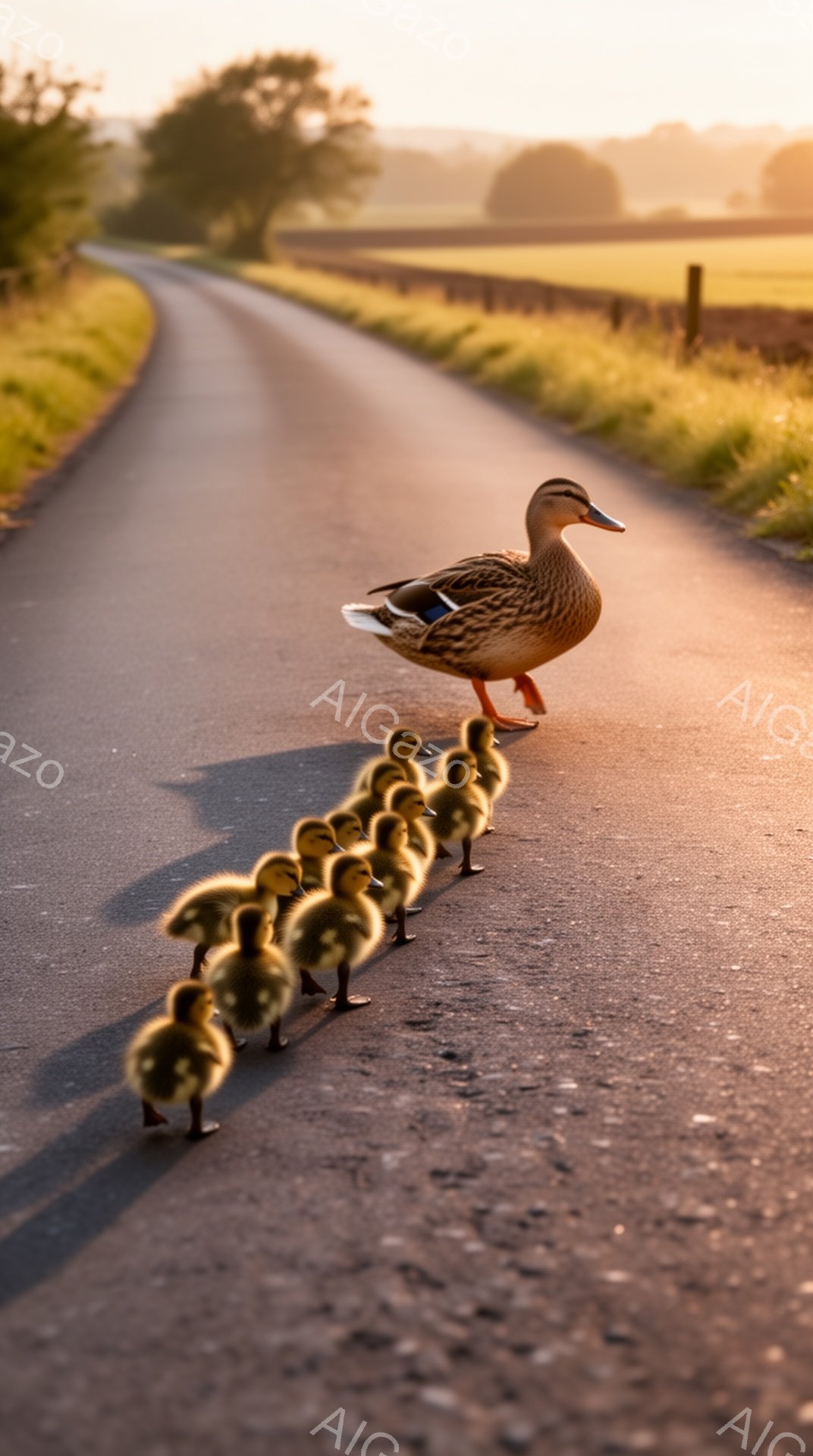 アヒルの母親が、小さなひな鳥たちを先導してアスファルトの道を歩いている。夕暮れ時の柔らかな光が背景の緑豊かな風景を照らし、温かく穏やかな雰囲気を醸し出している。母鴨の保護本能と子育ての愛情が感じられる - AI生成フリー素材