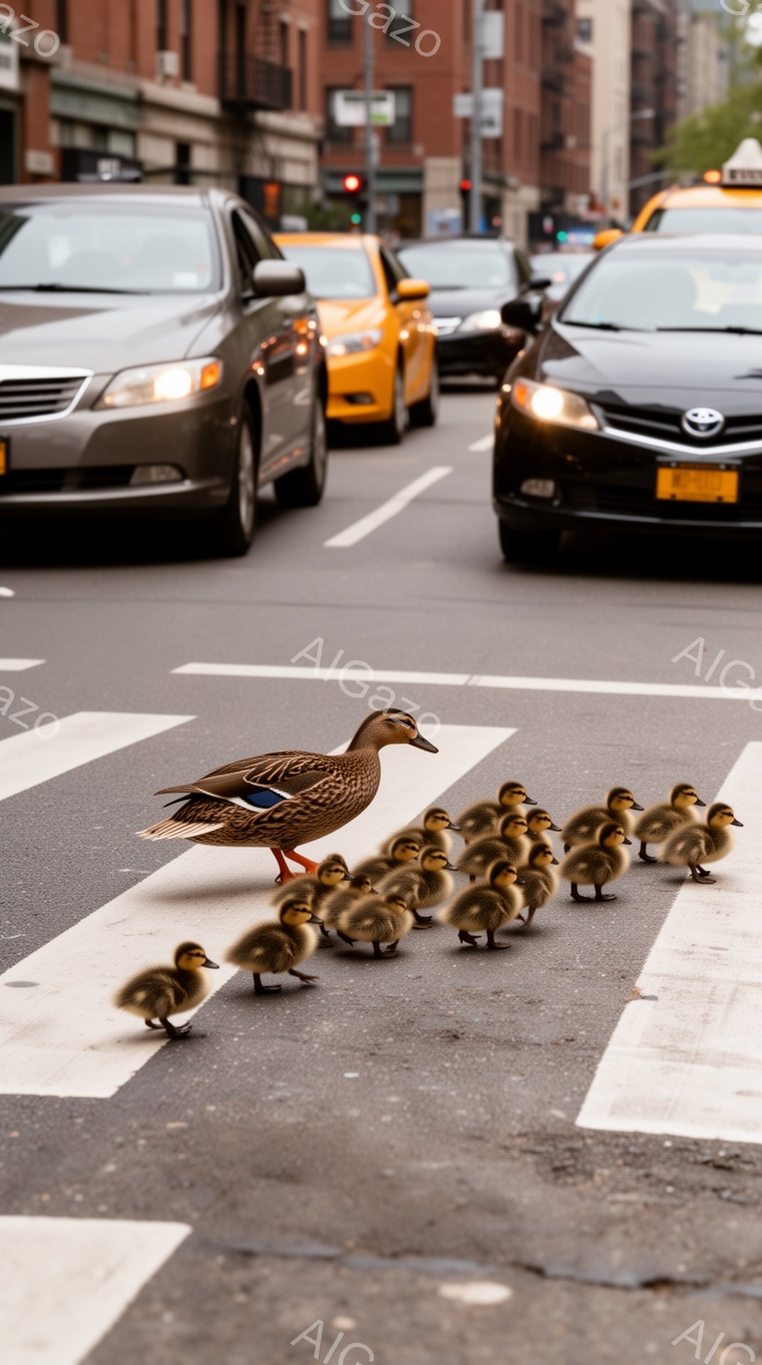 アスファルトの横断歩道上を、一羽の親鴨が雛たちを先導して歩いている。背景には黄色や黒のタクシーが並び、都会の喧騒の中で自然の営みが感じられる光景だ。雛たちはまだ小さく、親鴨に寄り添うようにして隊列をなしている。