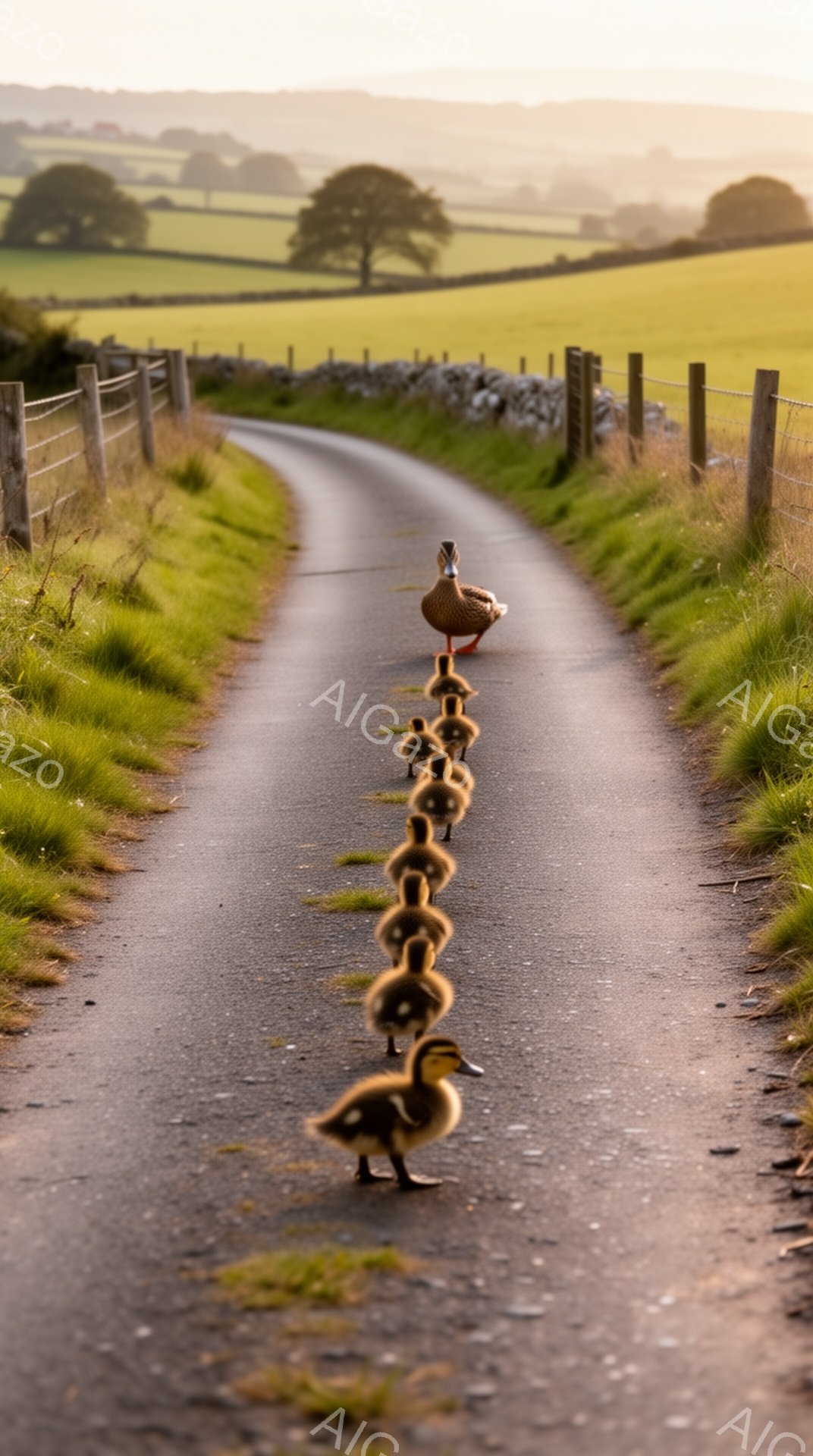 長い列をなしてアヒルの雛たちが母親の後ろを歩いている。田園風景の中に続く道は、穏やかで平和な雰囲気を醸し出している。朝日が差し込み、柔らかな光が風景全体を包んでいる。