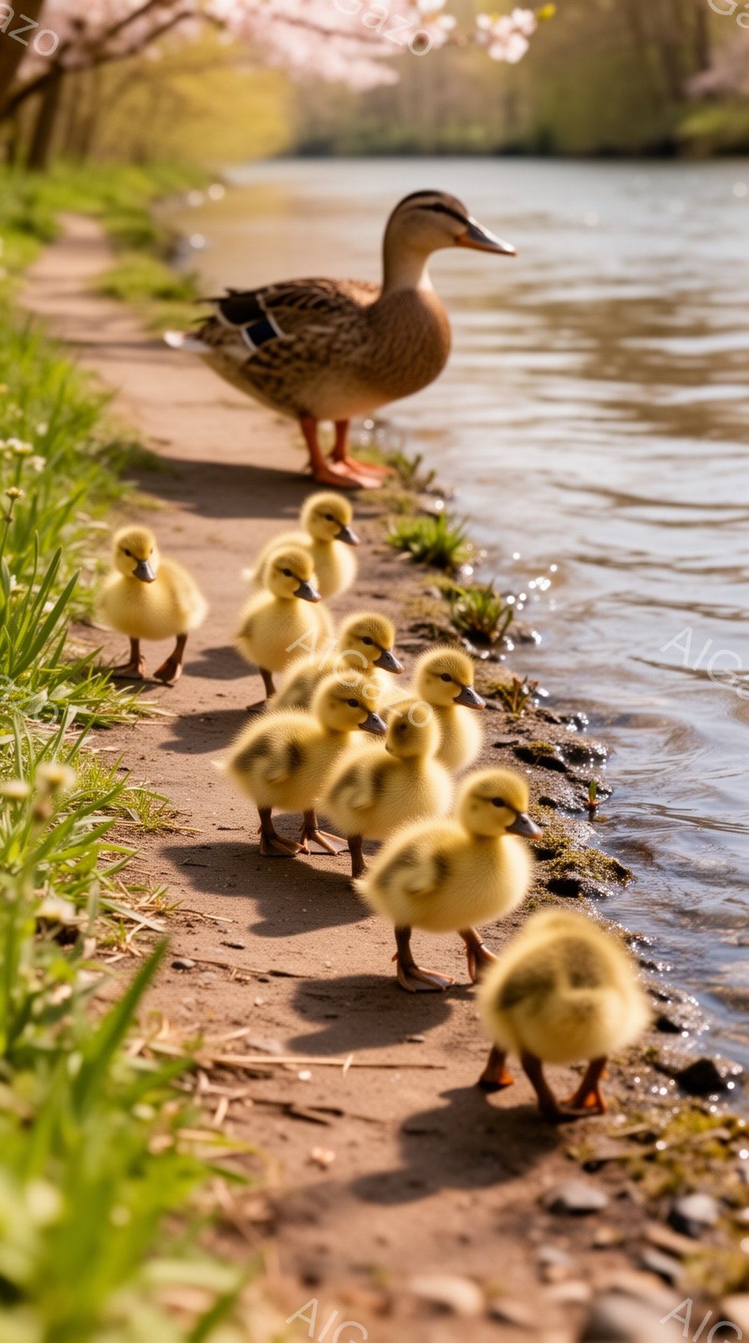 アヒルの母親と雛たちが、川岸の土手道を一列になって歩いている。後ろには緑の草が生い茂り、春の暖かな日差しが降り注いでいる。穏やかで優しい雰囲気が感じられる光景だ。 - AI生成フリー素材