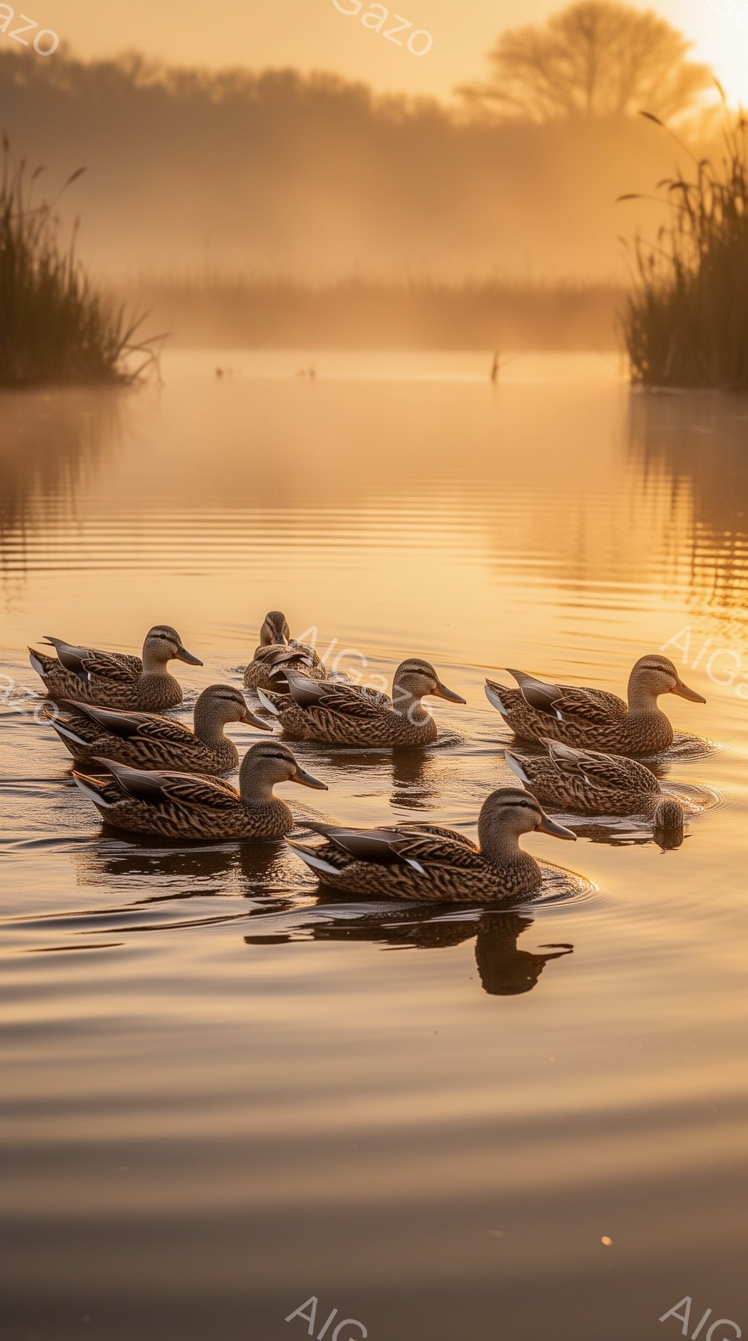 静かな水面に、マガモたちが列をなして浮かんでいる。朝日の光が水面を金色に染め、幻想的な雰囲気を醸し出している。水鳥たちのシルエットが美しく、穏やかな時間が感じられる。 - AI生成フリー素材