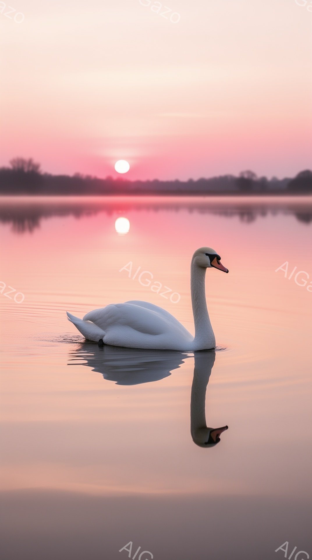 白鳥が夕暮れ時に水面を滑らかに泳いでいる。空と水面はピンクとオレンジの美しいグラデーションで染まり、穏やかで幻想的な雰囲気を醸し出している。太陽の光が水面に反射し、きらきらと輝いている。 - AI生成フリー素材