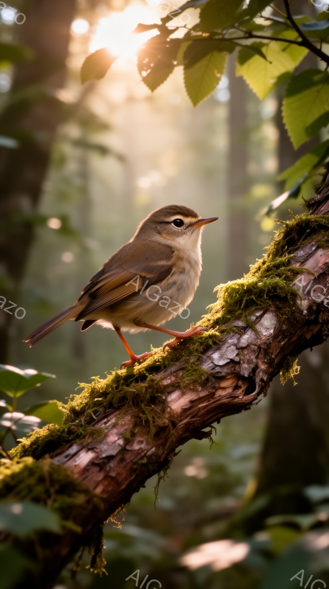 木の枝にとまっている小さな鳥が描かれている。緑色の苔が生えた枝にとまっており、背景は柔らかい光で満たされた森林である。鳥の毛並みや苔の質感、そして光の差し込み方が、穏やかで自然な雰囲気を醸し出している。