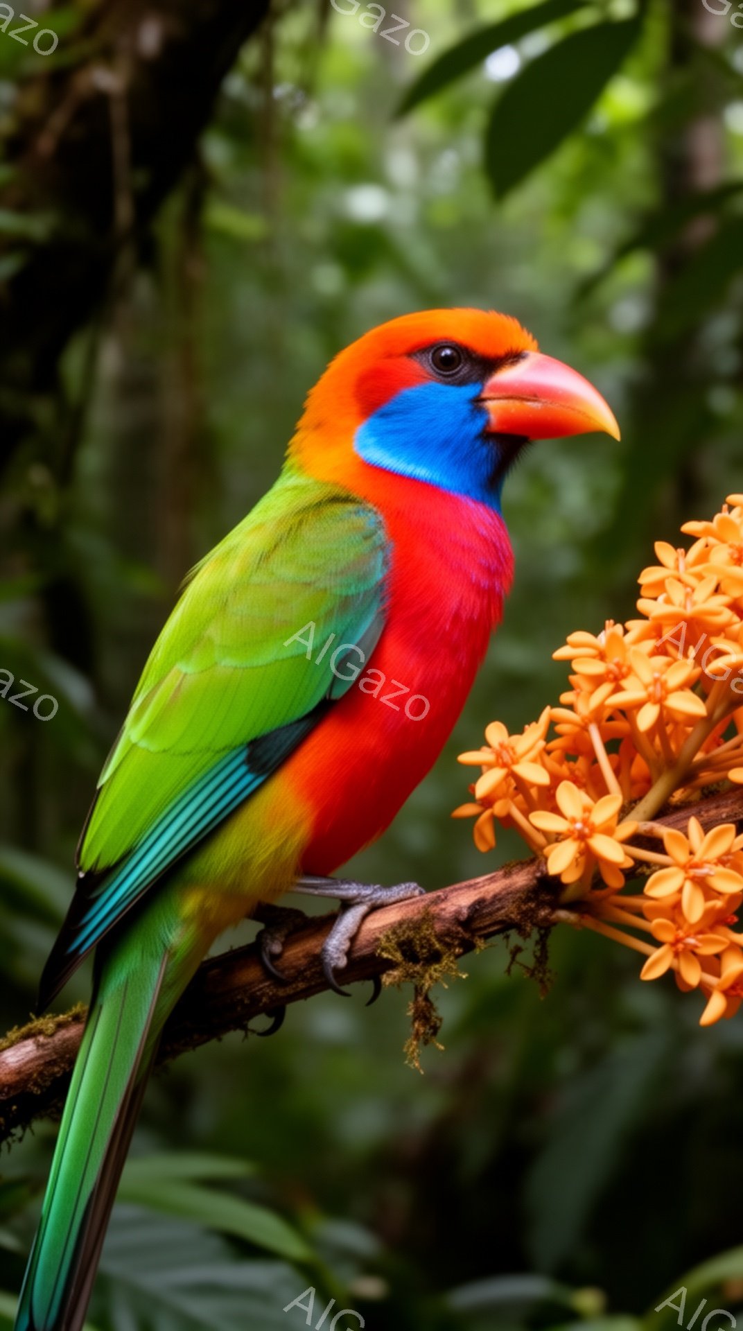 美しい色のオウムが枝にとまっている。鮮やかな赤、緑、青の羽が特徴的で、オレンジ色の花と背景の緑とのコントラストが印象的だ。湿ったジャングルのような雰囲気で、自然の美しさが際立っている。
