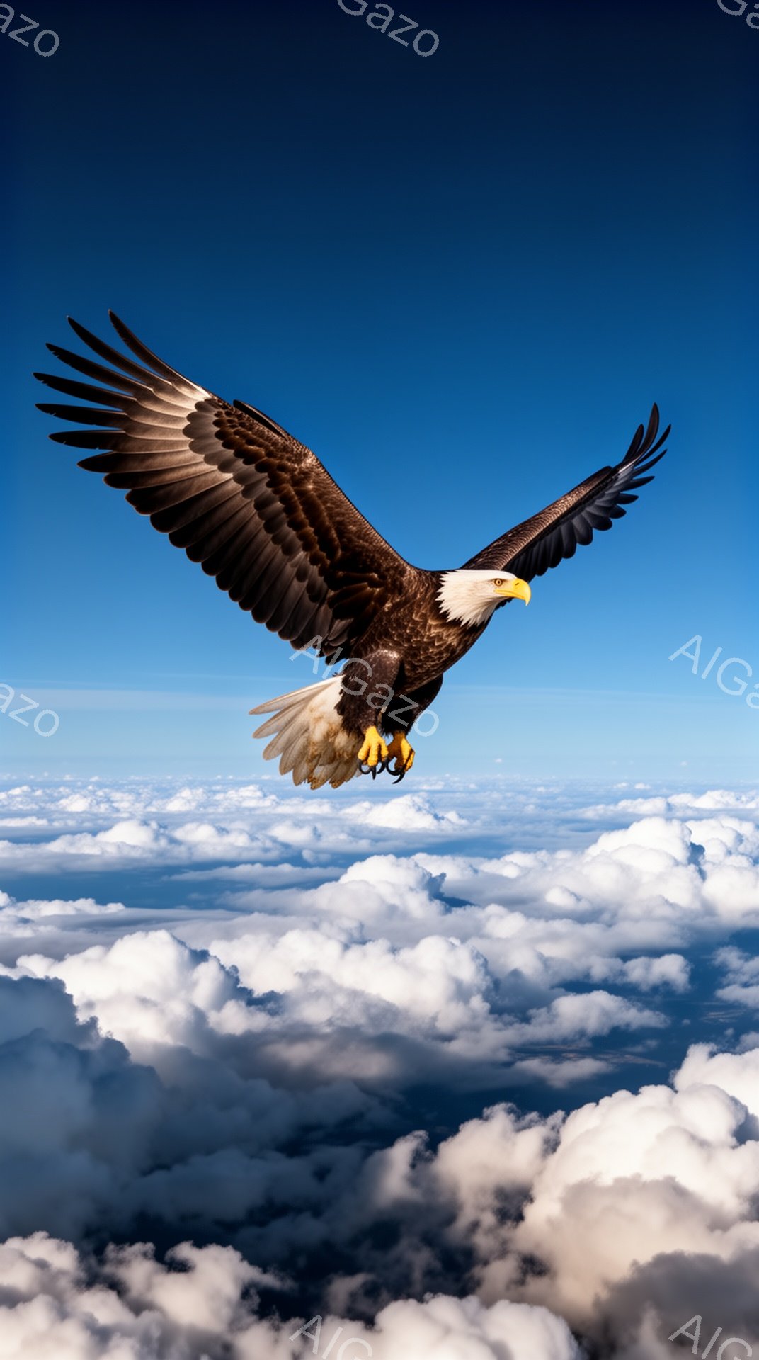 青い空を背景に、翼を大きく広げた白頭ハゲワシが飛んでいる。雲海を背景としたその姿は、力強く、自由な印象を与える。太陽の光が羽に当たり、鮮やかなコントラストを生み出している。 - AI生成フリー素材