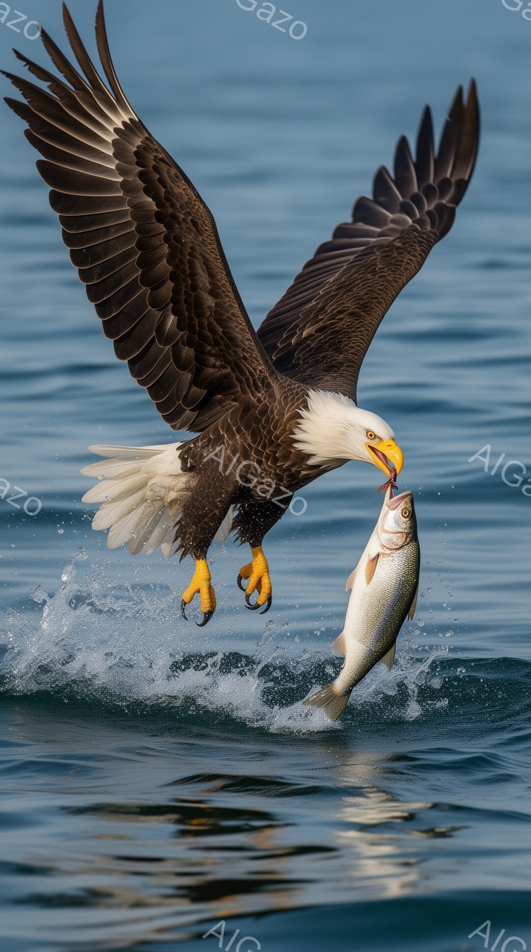 広大な水面から獲物を掴み、力強く飛び立つアメリカワシの姿が捉えられています。水しぶきが舞い、ダイナミックな瞬間を強調しています。背景は穏やかな水面で、ワシの威厳と自然の力を感じさせます。