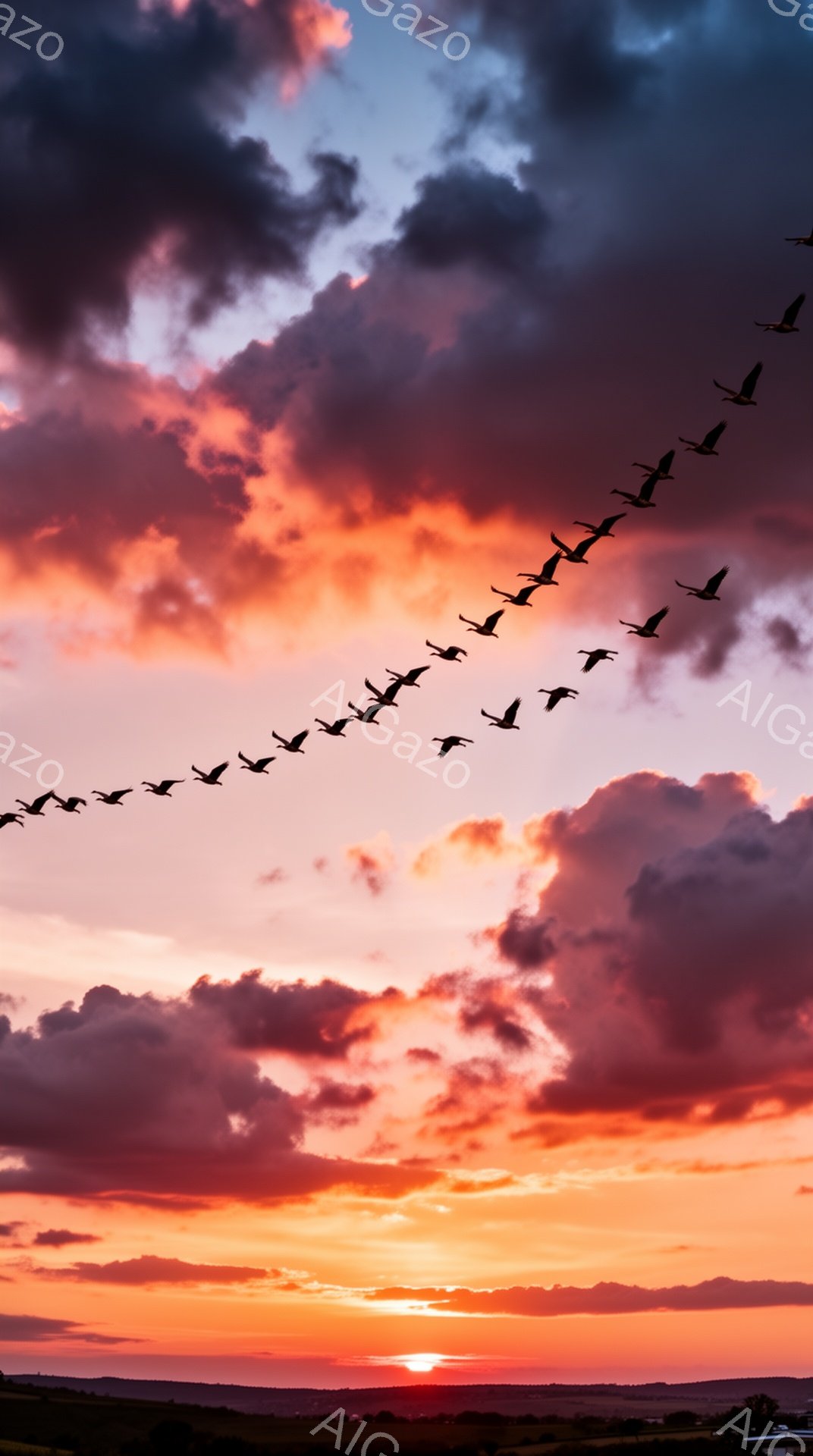 夕焼け空をV字型に隊列を組んで飛ぶ鳥たちのシルエットが印象的な風景です。空はオレンジやピンクの色合いが強く、まるで燃えているかのような美しいグラデーションを描いています。地平線に沈みゆく太陽が、穏やかで幻想的な雰囲気を醸し出しています。