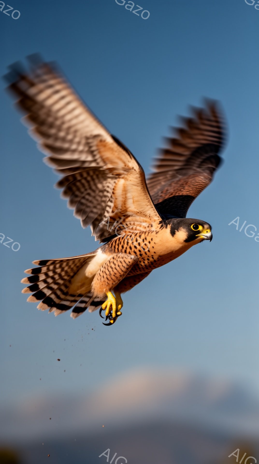 空を飛ぶ猛禽類の鮮明な写真です。翼を広げ、獲物を捕らえようとしている様子が捉えられており、背景には澄んだ青空が広がっています。鋭い眼光と力強い爪が印象的で、自然の力強さを感じさせます。