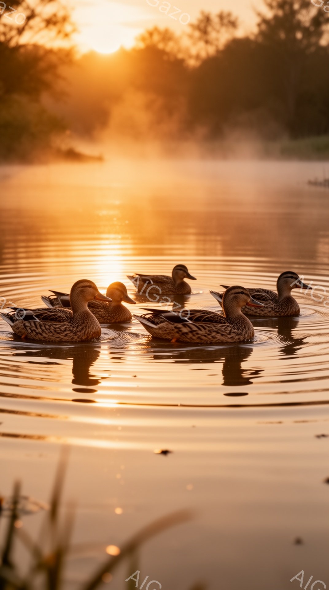 静かな水面にアヒルたちが浮かび、夕焼けが水面をオレンジ色に染めている。朝靄が漂い、穏やかで平和な雰囲気を醸し出している。水面に反射する光が、アヒルたちの羽を照らし、美しい光景を作り出している。 - AI生成フリー素材