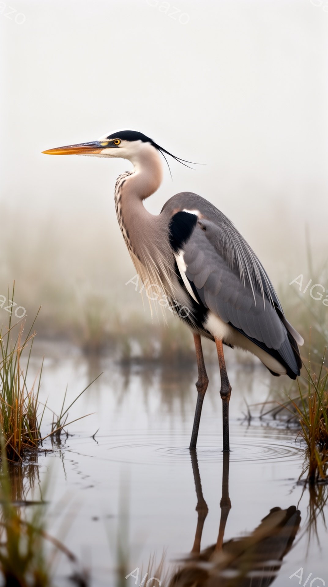 アマサギが浅い水の中に立っている。背景は霞んでおり、水面には鳥の姿が反映している。全体的に静かで穏やかな雰囲気で、自然の美しさを際立たせている。