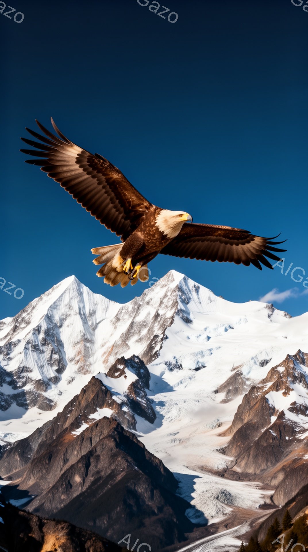 青々とした空を背景に、翼を広げたハクトウワシが力強く飛んでいる。雪を頂いた山々が雄大に広がり、ワシの飛行と対照的な美しい光景を作り出している。太陽光がワシの羽を照らし、そのシルエットを際立たせている。