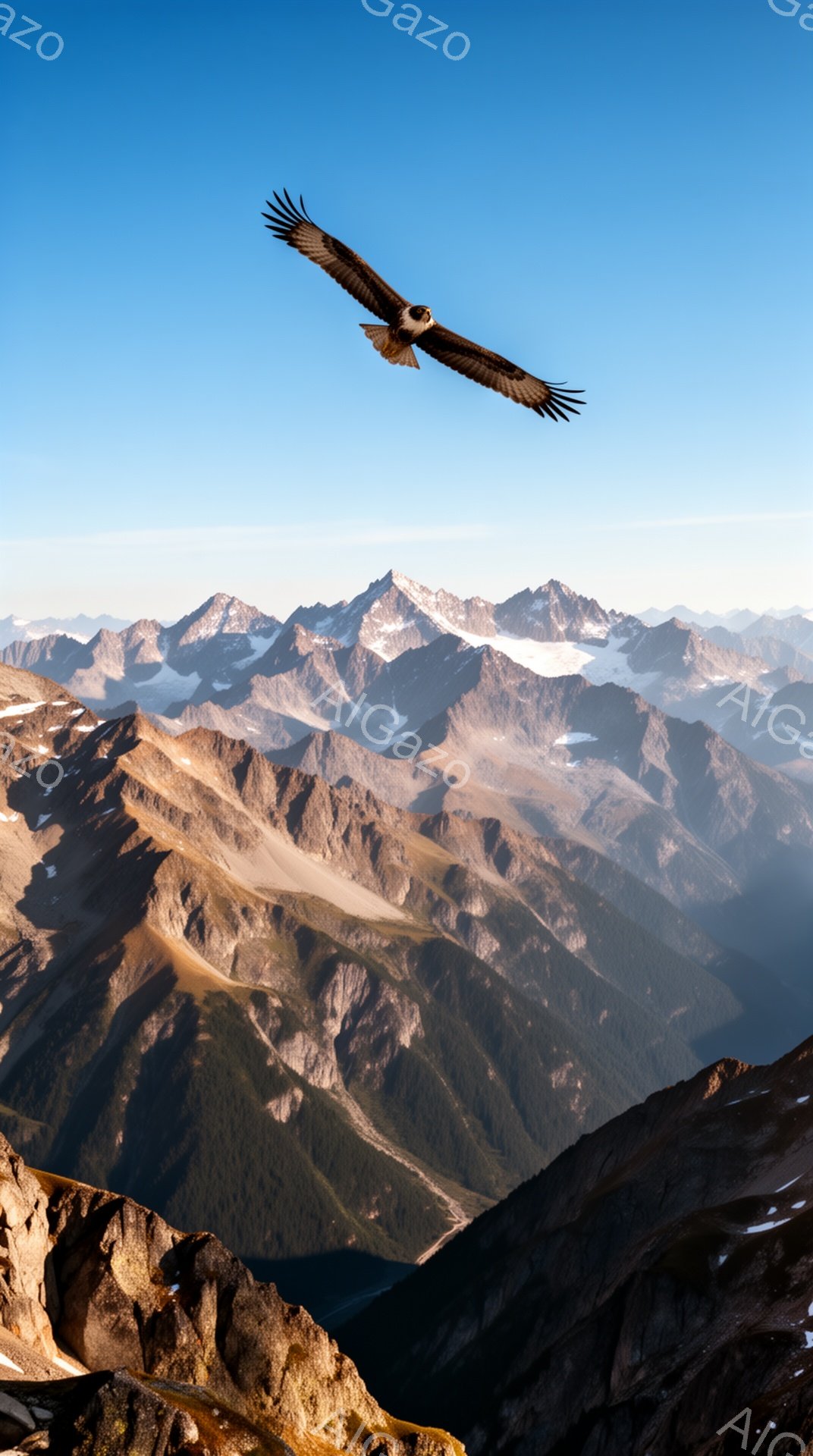 険しい山々の風景が広がり、空には翼を広げた猛禽類が舞っている。太陽の光が山肌を照らし、影が深く入り込み、力強い自然の息吹を感じさせる。深い緑と岩肌のコントラストが印象的で、雄大な自然の美しさを表現して - AI生成フリー素材