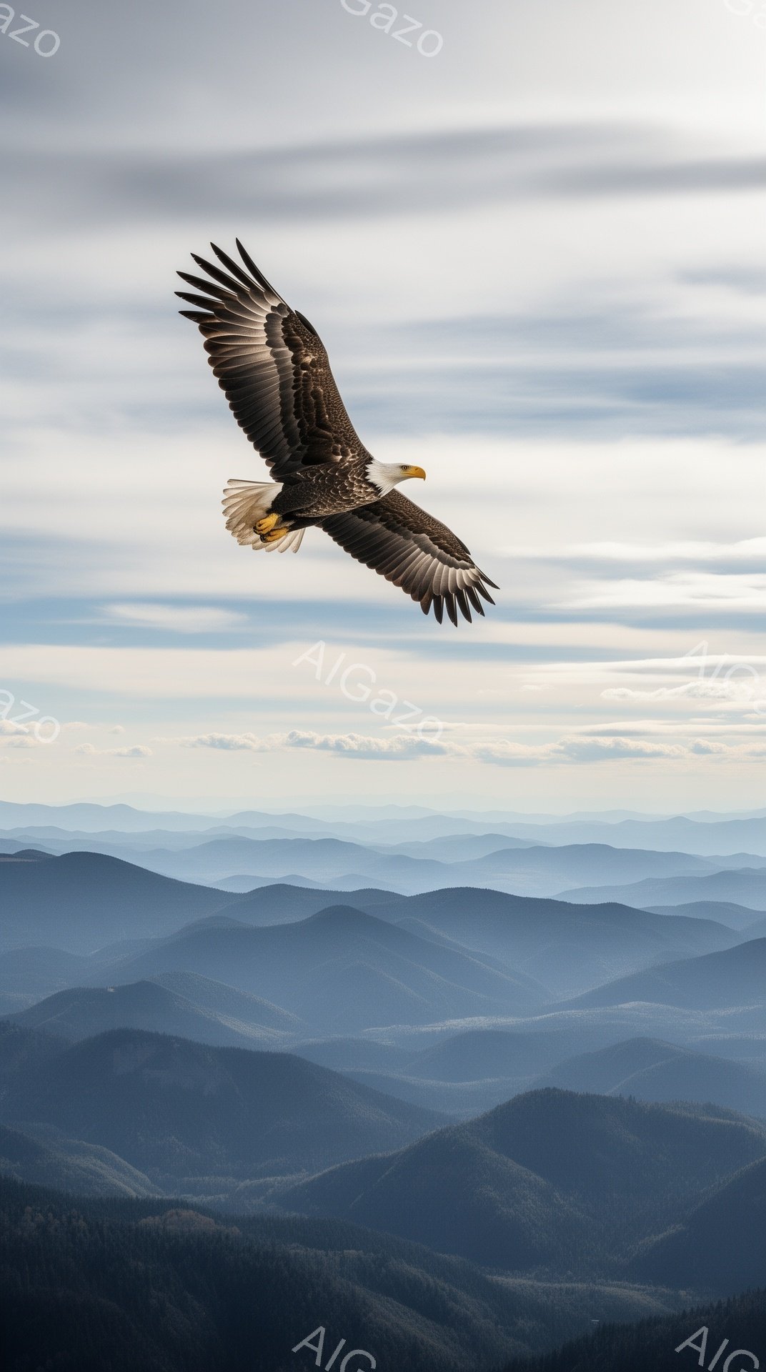 岩だらけの山々と雲海を背景に、翼を広げたアメリカワシが力強く飛んでいる。その姿は雄大で、自然の力強さと自由さを表現している。遠近感のある構図が、ワシの飛行をより際立たせている。