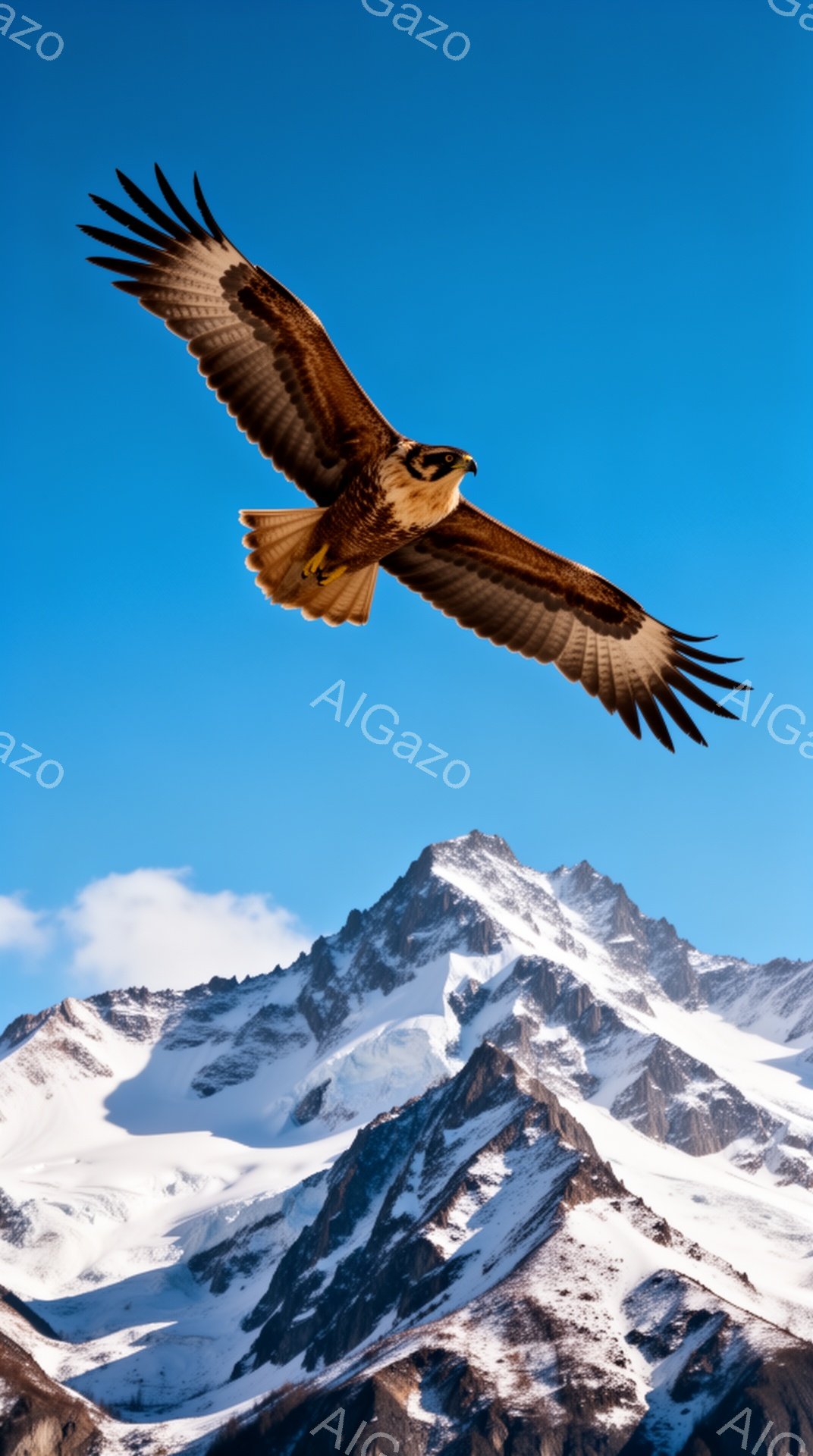 空高く舞い上がる猛禽類が印象的な一枚です。背景には雪をまとった険しい山々が広がり、青空とのコントラストが美しいです。力強く羽ばたく姿から、自由と大自然のエネルギーが感じられます。 - AI生成フリー素材