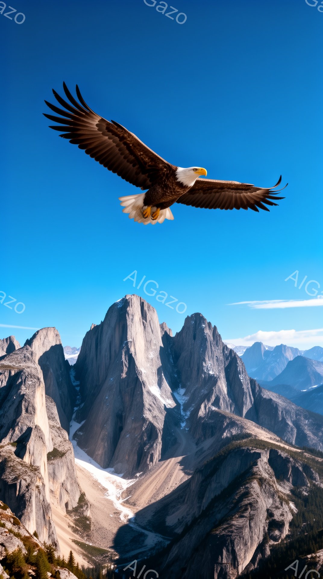 広大な山々の上空を、翼を広げたハクトウワシが力強く飛んでいる。雪を抱いた険しい山々と青空が印象的で、ワシの自由な姿と雄大な自然が織りなす壮大な景色が美しい。この瞬間は、大自然の力強さと静けさを同時に感 - AI生成フリー素材