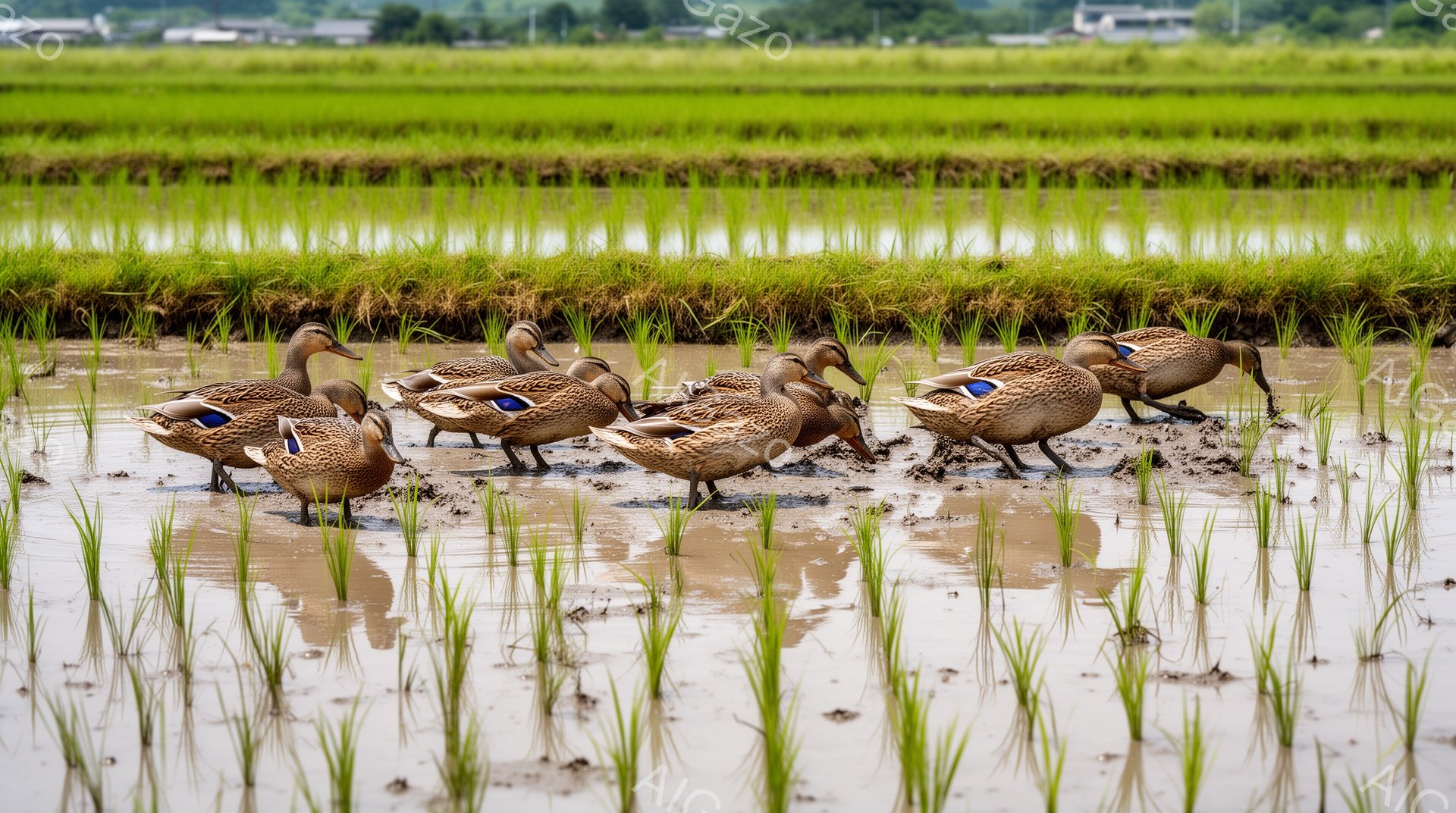 アヒルが田んぼの中で餌を探しています。泥の中に嘴を入れて何かを引っ張り出そうとしている様子が伺えます。緑色の稲が背景に広がり、穏やかな田園風景が広がっています。