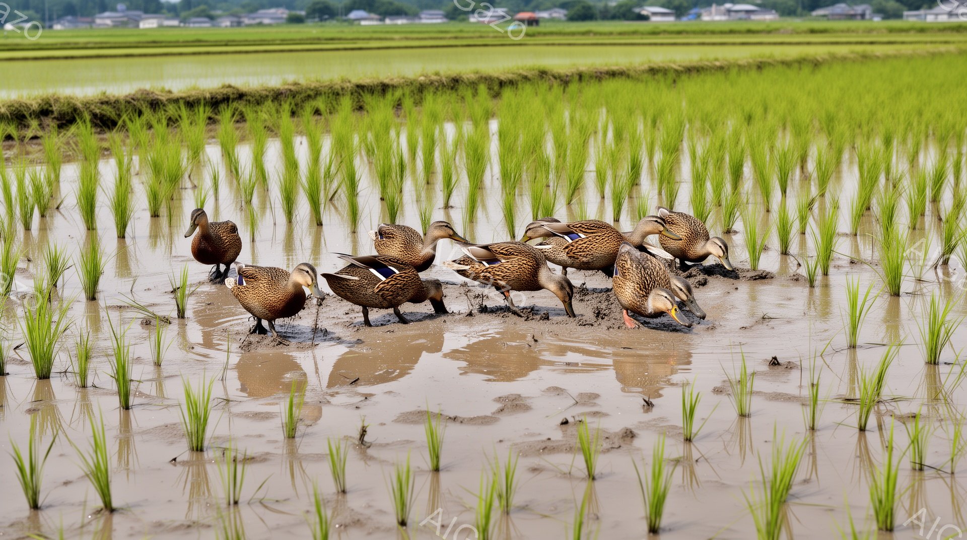 広大な田んぼに数羽のカモが密集して何かを啄んでいます。緑色の稲が水田一面に植えられ、カモの姿と相まって、日本の田園風景を象徴する穏やかな光景です。土と水が混ざった茶色の水田が、カモの活動を際立たせています。