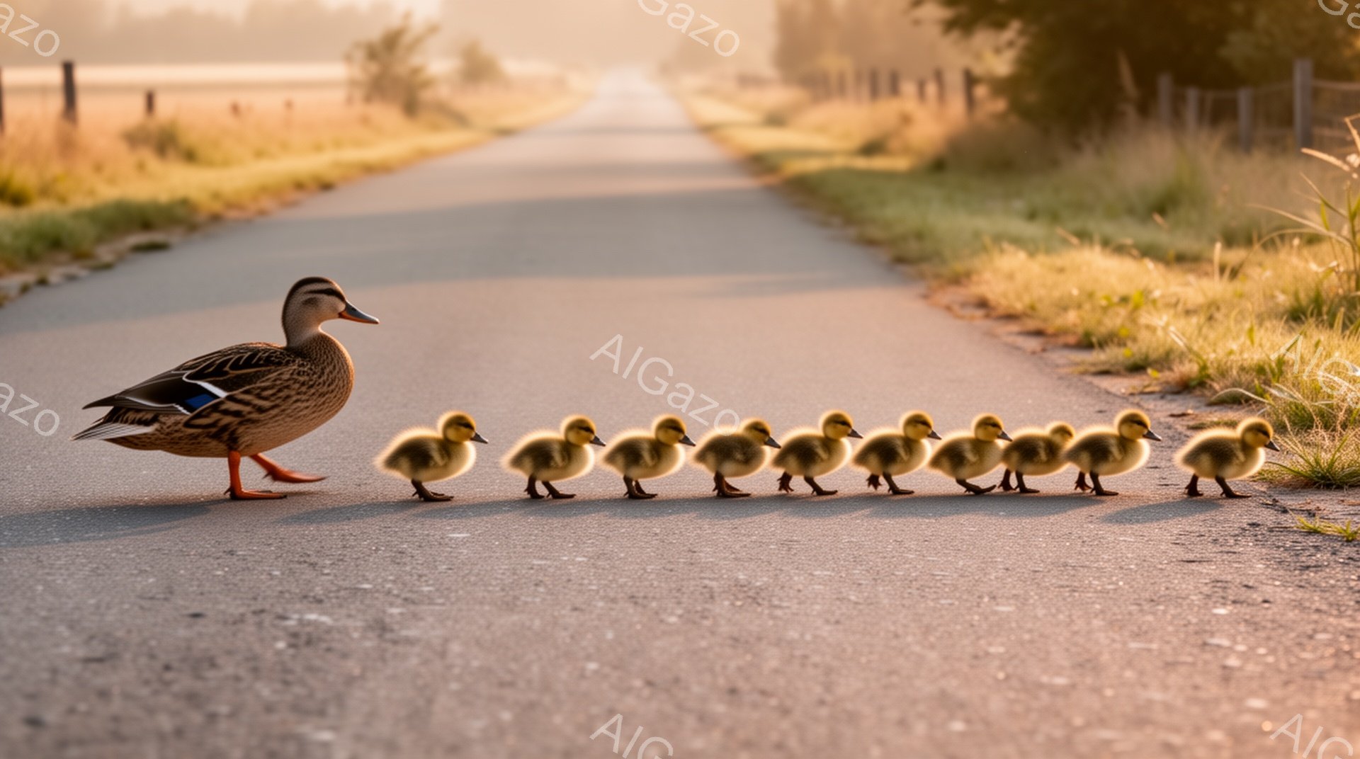 アヒルが子アヒルたちを先導して、舗装された道路を歩いている。背景には緑の草地が広がり、柔らかい朝日の光が全体を暖かく照らしている。平和で穏やかな雰囲気が感じられる。 - AI生成フリー素材