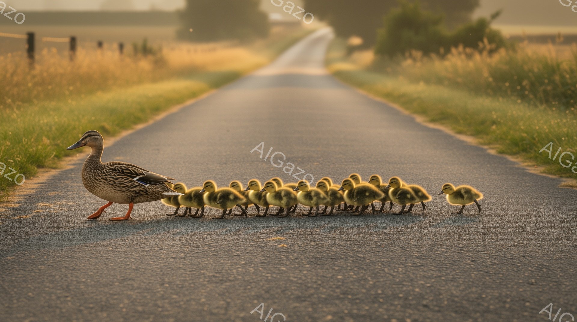 アヒルの母親がひなを連れて舗装された道路を歩いている。背景には緑豊かな草地が広がり、穏やかで平和な雰囲気が漂っている。朝の柔らかな光が、温かい色調を強調している。