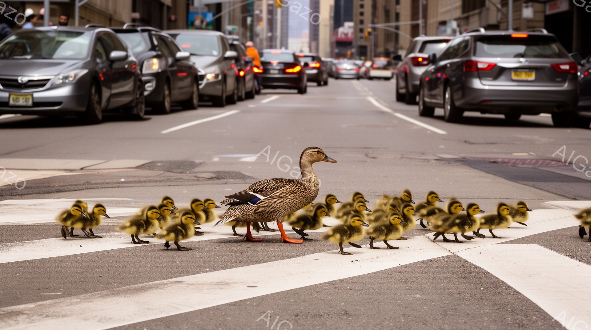 アヒルの母親が、たくさんのひな鳥を引き連れて横断歩道を渡っている。背景には車が並び、都会の喧騒の中で生命力あふれる光景が広がっている。暖かい日差しと、ひな鳥たちの愛らしい姿が印象的だ。