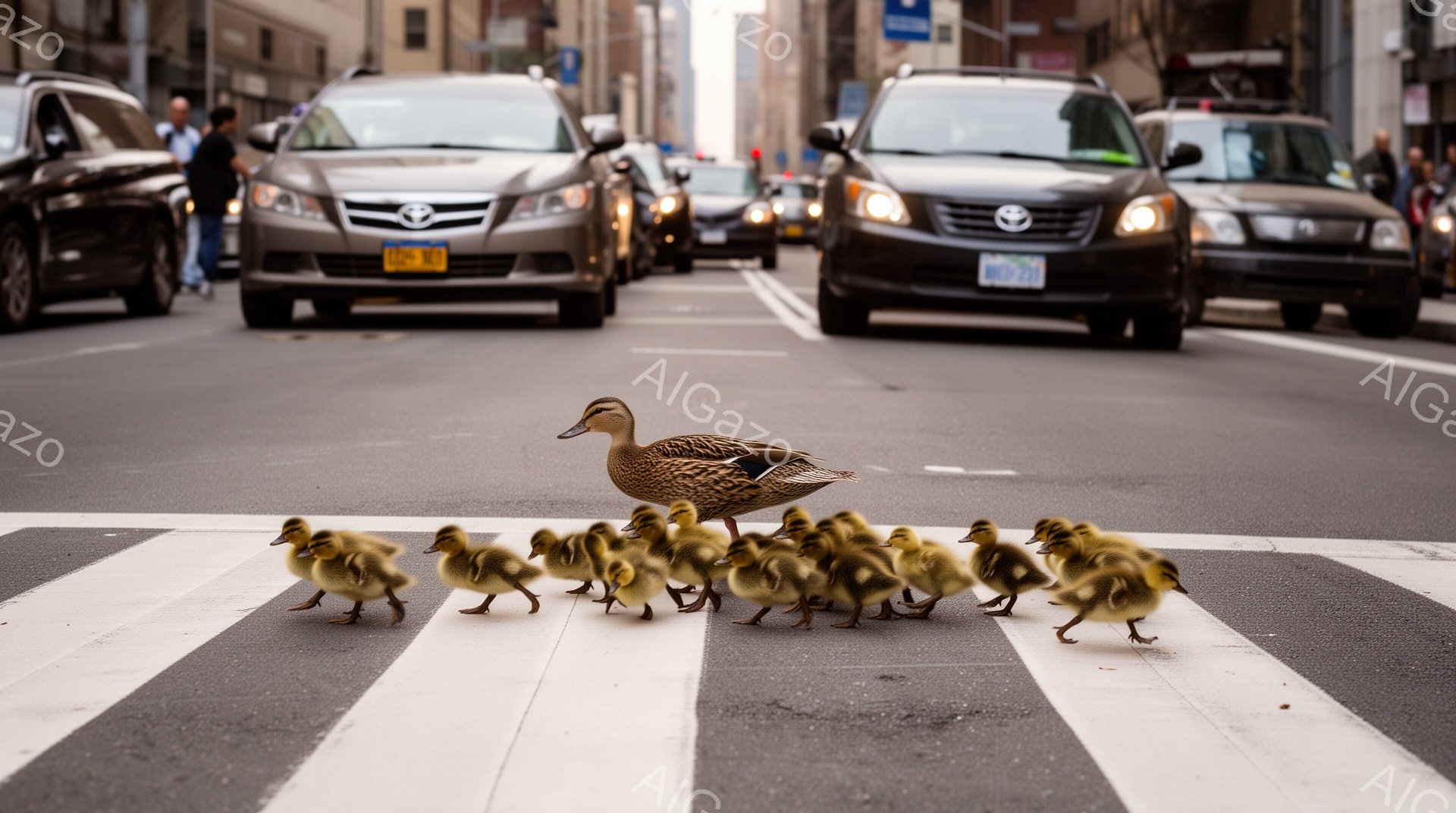 白黒の横断歩道の上を、一羽の親鴨とたくさんの雛たちが列をなして歩いている。周囲には車が並び、都会の風景の中で自然の光景が異彩を放っている。雛たちはまだ小さく、親鴨の後に続いて一生懸命に歩いている様子が微笑ましい。