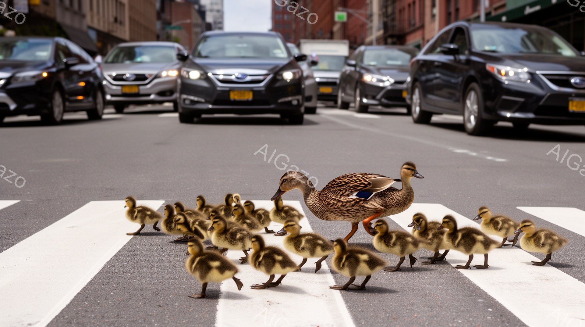 アスファルトの横断歩道に、親鴨と小さなひな鳥たちが整然と並んでいる。背景には、交通量の多い通りと車が見え、都市部での自然の瞬間を捉えている。光の加減から、晴れた日の様子が伺える。
