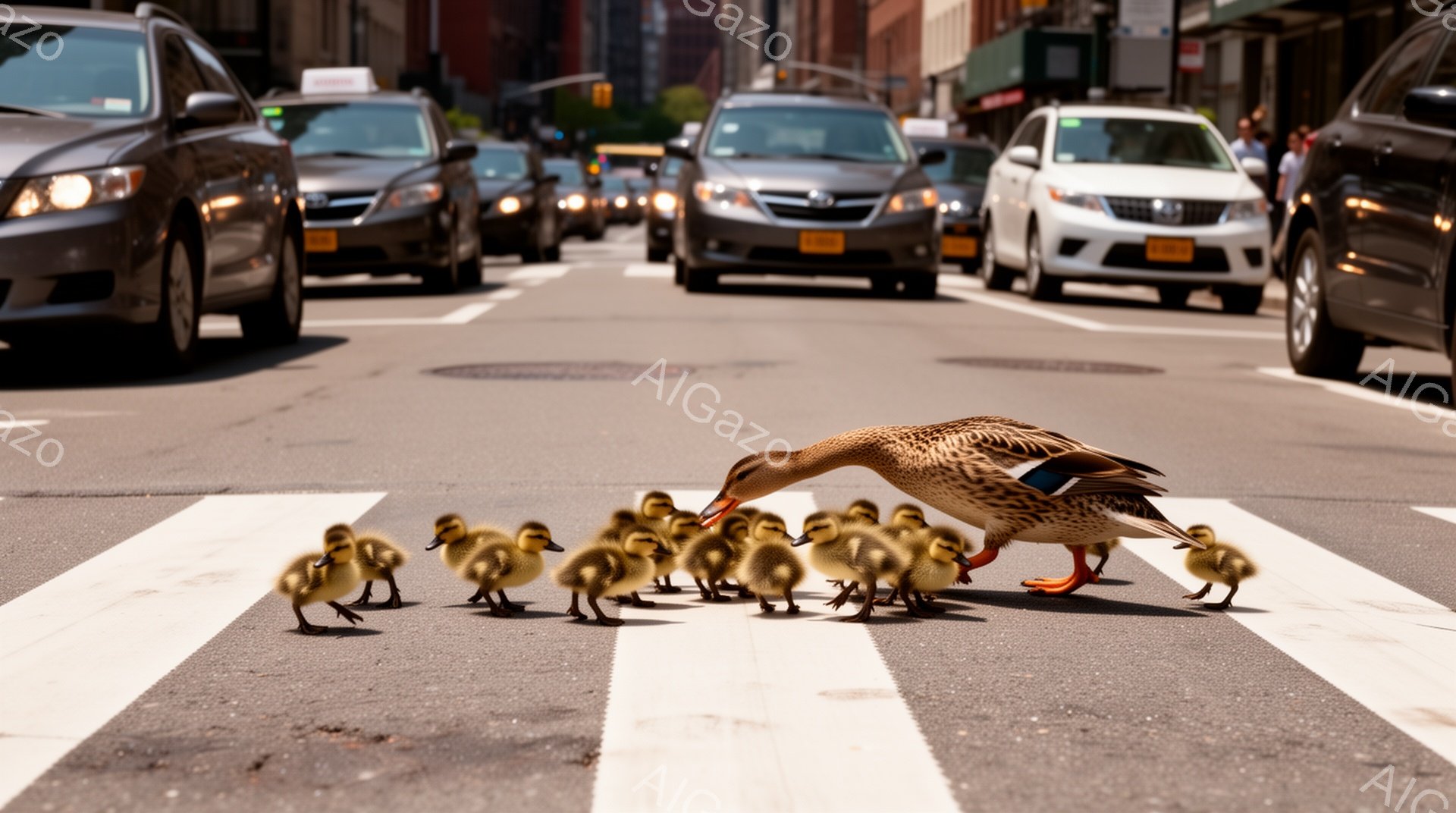 アスファルトの横断歩道に一羽の母鴨と可愛らしいヒナたちが整列して歩いている。背景には交通量の多い道路と車が見え、都会の風景の中に自然の温かさが感じられる。鮮やかな光と道路の白線が、生命力あふれる一場面を際立たせている。