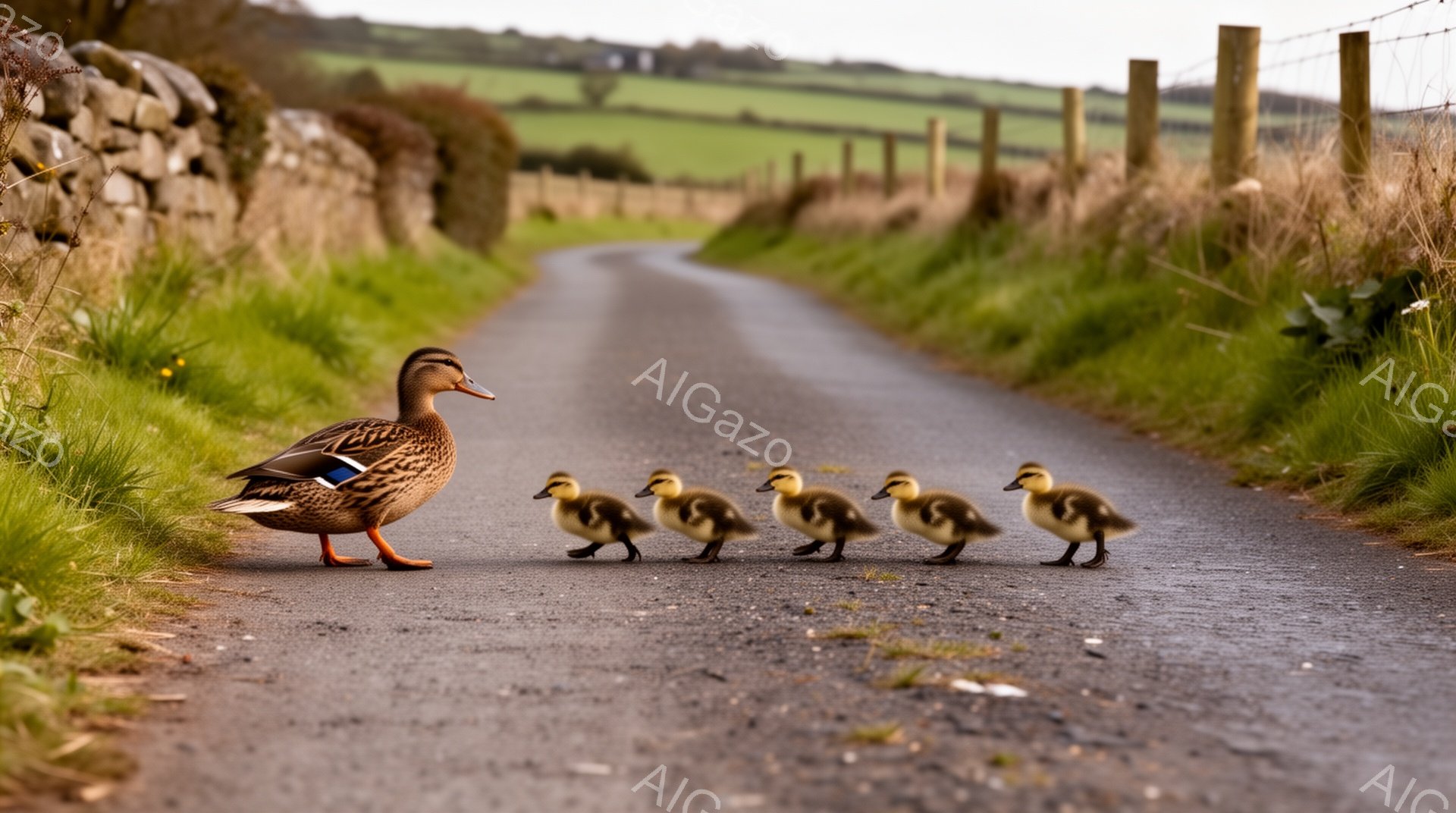 アヒルが子アヒルを連れて舗装された田舎道を歩いている。背景には緑の丘と石積みの壁があり、暖かい日差しの静かな田園風景が広がっている。母アヒルは先頭を歩き、子アヒルたちは一列になってついていっている。
