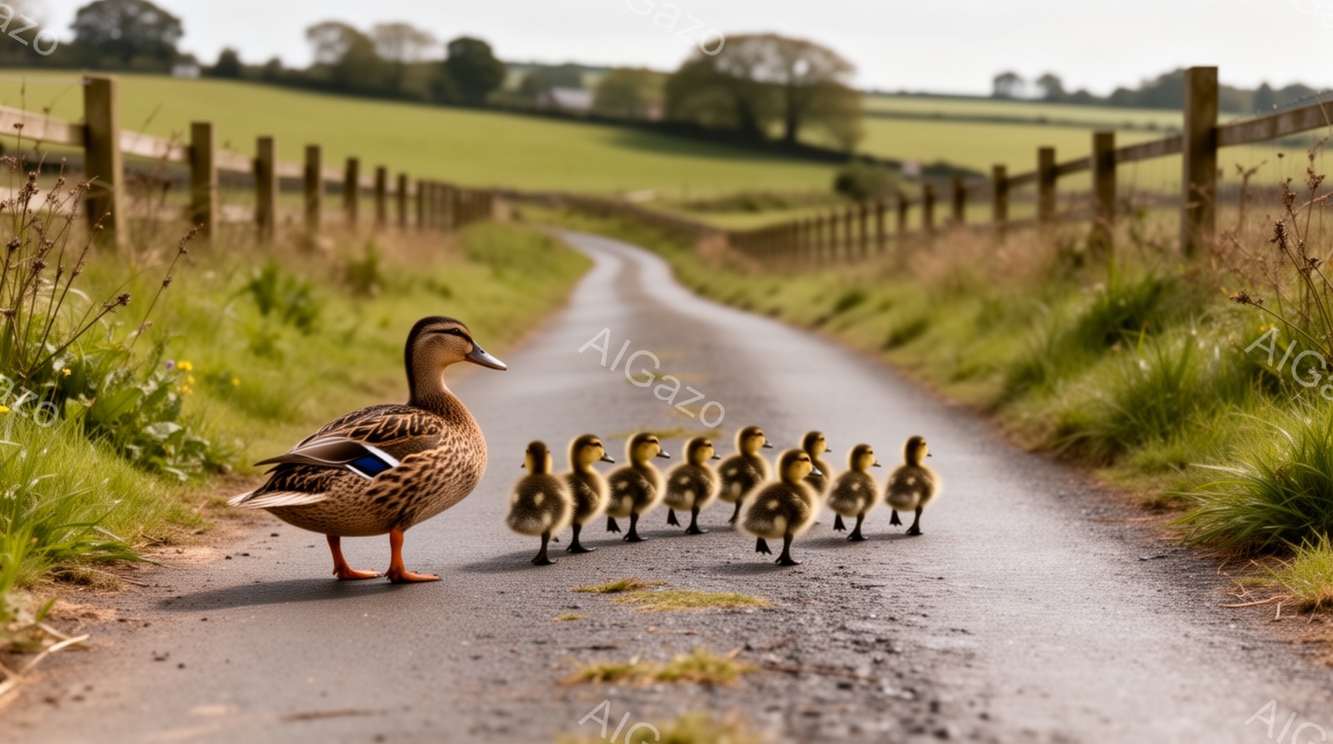 アヒルの母親が、小さなヒナたちを先導してアスファルトの道を進んでいます。背景には緑の丘と牧草地が広がり、暖かい日差しが差し込んで穏やかな雰囲気を醸し出しています。自然と動物たちの愛情に満ちた、平和な光景です。