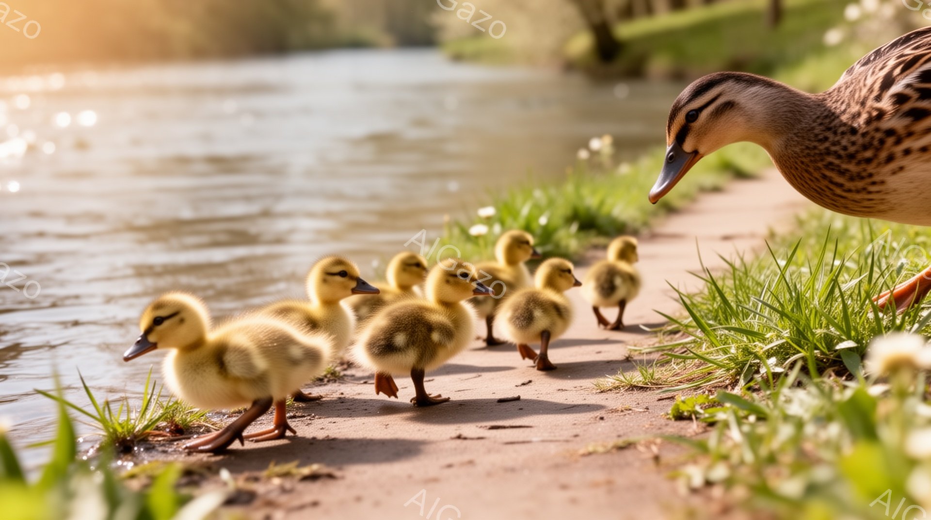 アヒルがかわいらしいひな鳥たちを先導して土手に沿って歩いています。春の日差しが暖かく、水辺の緑が鮮やかで穏やかな雰囲気です。ひな鳥たちは母親の後を追って、よちよちと歩いています。 - AI生成フリー素材