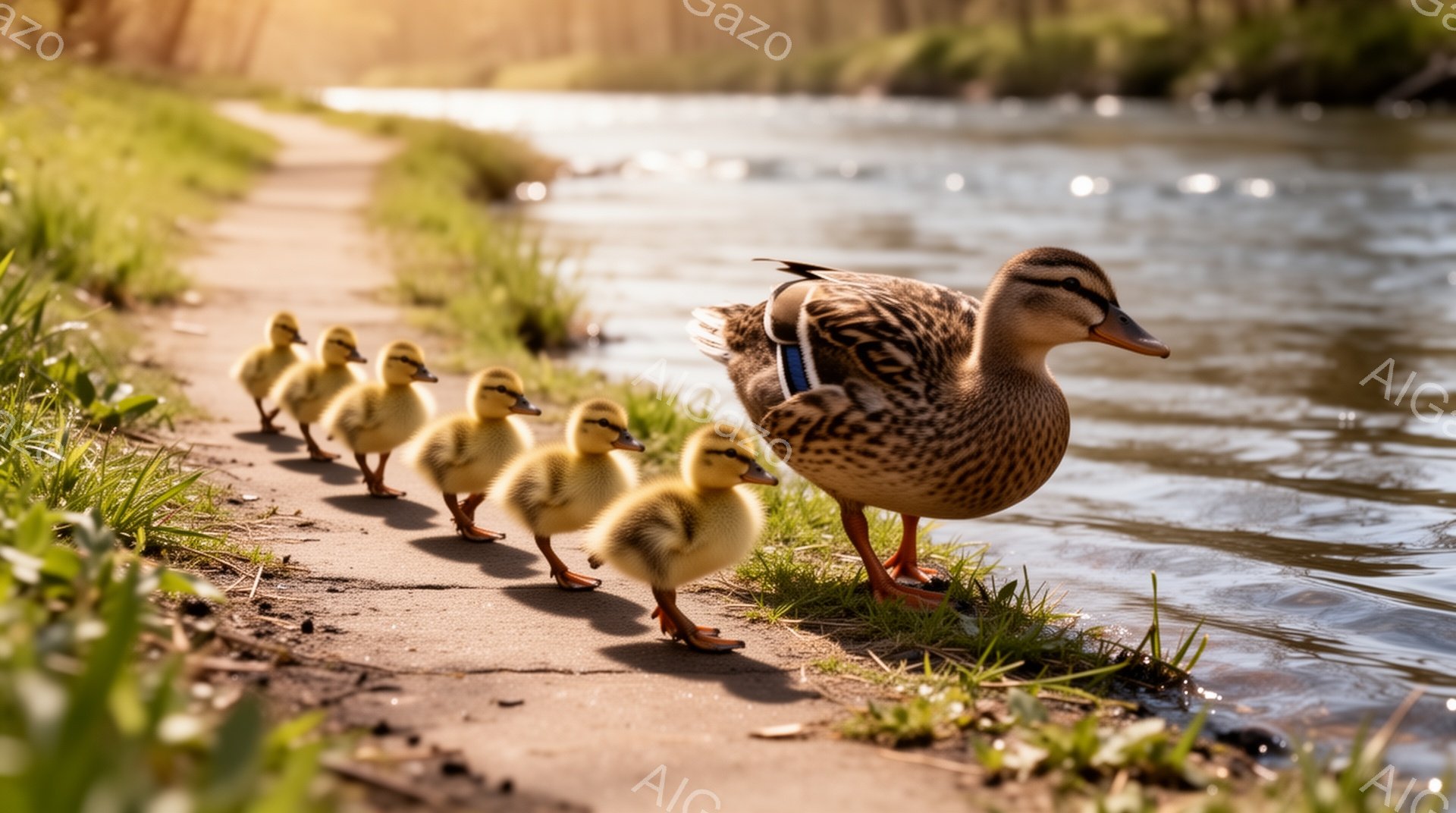 母親アヒルが後ろに黄色いヒナたちが列をなして歩いている。緑の草が生い茂る土手の上を、水面を背景に歩いている様子が捉えられている。穏やかで暖かい春の日の光が、全体を優しく包み込んでいる。 - AI生成フリー素材