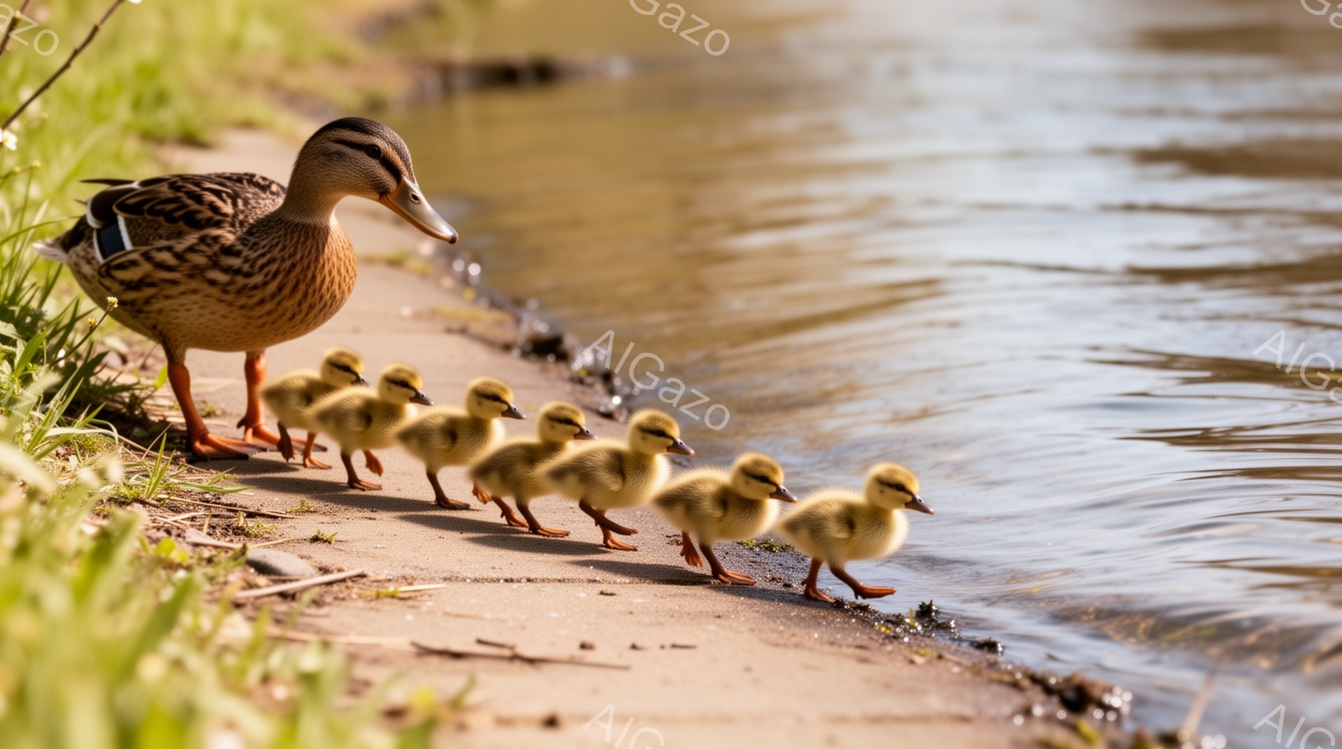 母親アヒルが子アヒルたちを先導して水辺を歩いている。暖かく穏やかな雰囲気で、子アヒルたちは母親の後ろを整列して可愛らしく進んでいる。背景には緑の草が生い茂り、水面が穏やかに広がっている。 - AI生成フリー素材