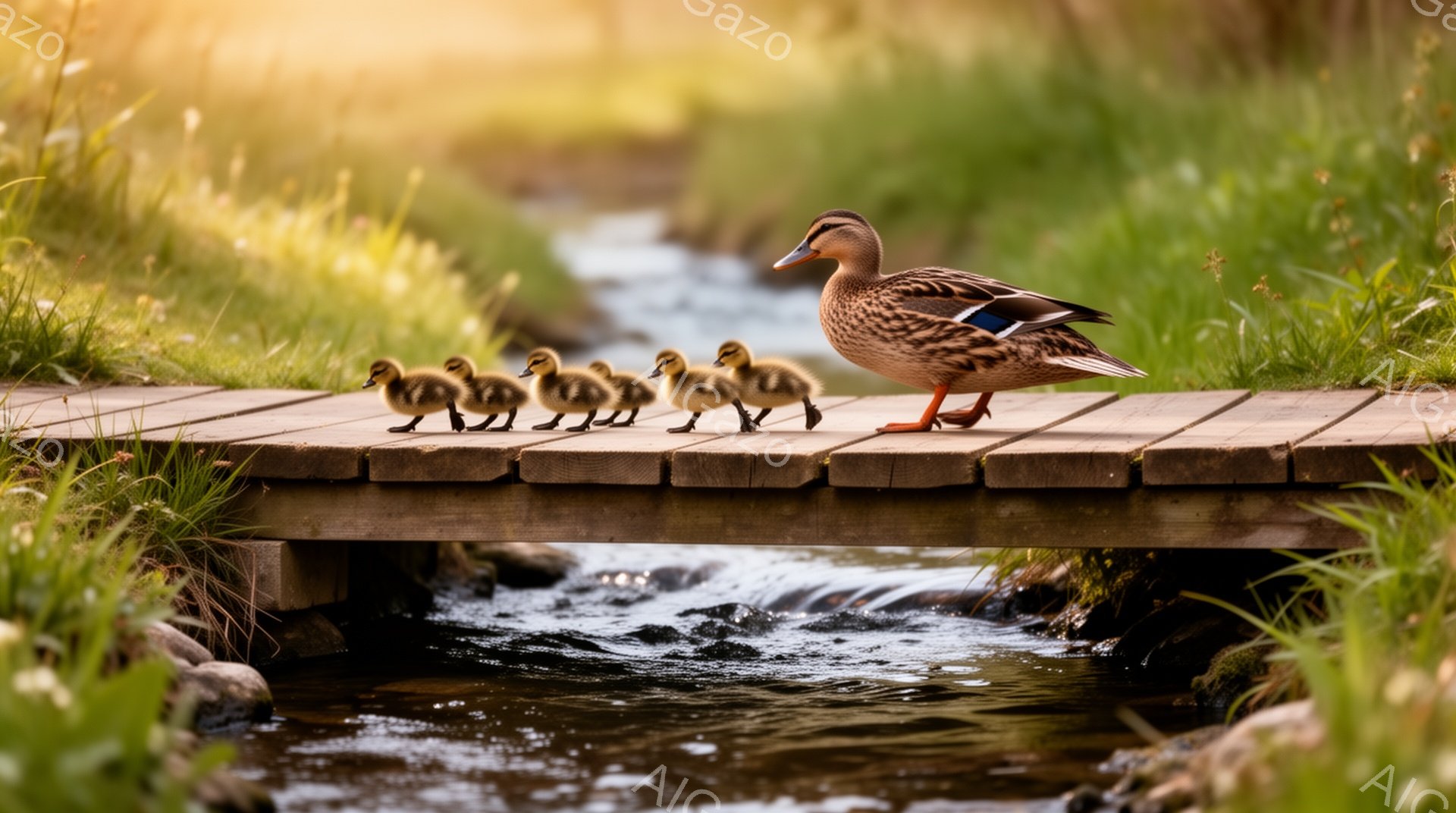 鴨の母親が子鴨たちを連れて、小さな木製の橋を歩いている。緑豊かな草が生い茂る川の流れに沿って、温かく穏やかな光が差し込んでいる。春の自然の中で、家族の愛情と生命の息吹が感じられる。