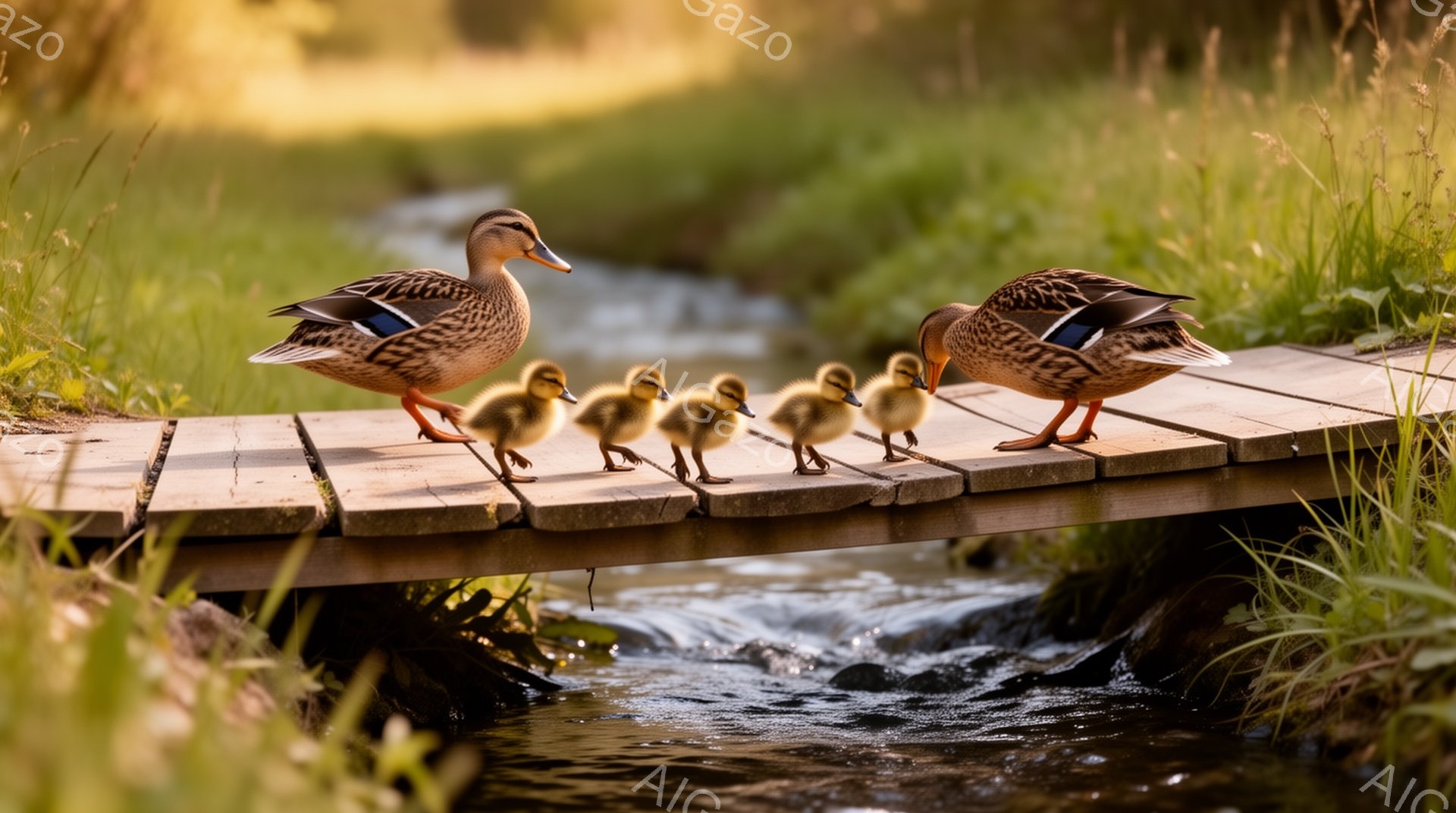 アヒルが4羽、小川にかかる木製の橋の上を列なって歩いている。母親アヒルは先頭で、後ろに子アヒルの3羽が続いており、春の穏やかな光の中で家族の温かい雰囲気が伝わる。背景には緑豊かな草木が生い茂り、自然豊 - AI生成フリー素材