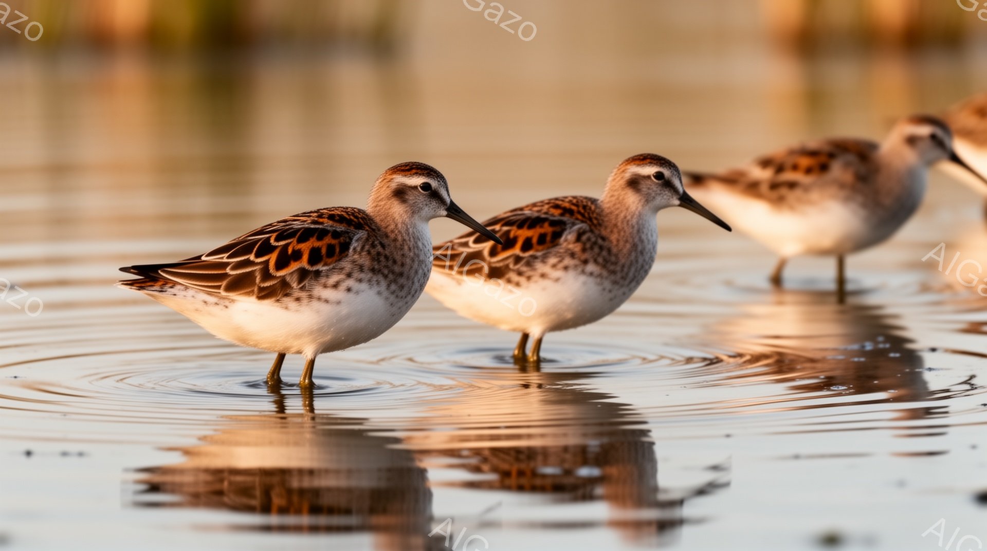 浅い水の中に複数の鳥が立っている。その羽は白と茶色の美しい模様で、水面に映る姿は幻想的だ。穏やかな光が鳥たちを照らし、静かで平和な雰囲気を醸し出している。 - AI生成フリー素材
