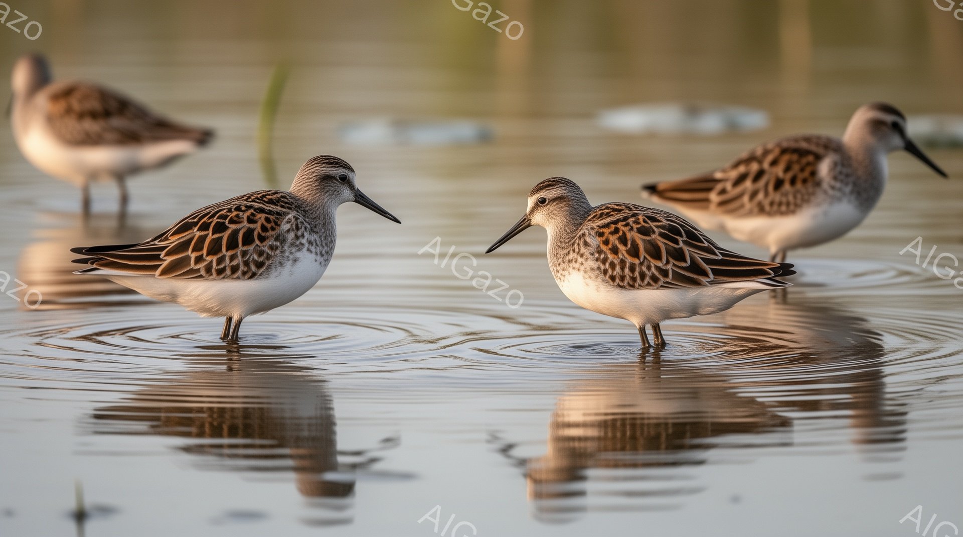 浅瀬で数羽のチドリが水面を歩いている。水面には鳥の反射が美しく映り込み、穏やかな夕暮れの雰囲気が漂う。全体的に暖色系の色調で、静かで平和な情景が表現されている。 - AI生成フリー素材