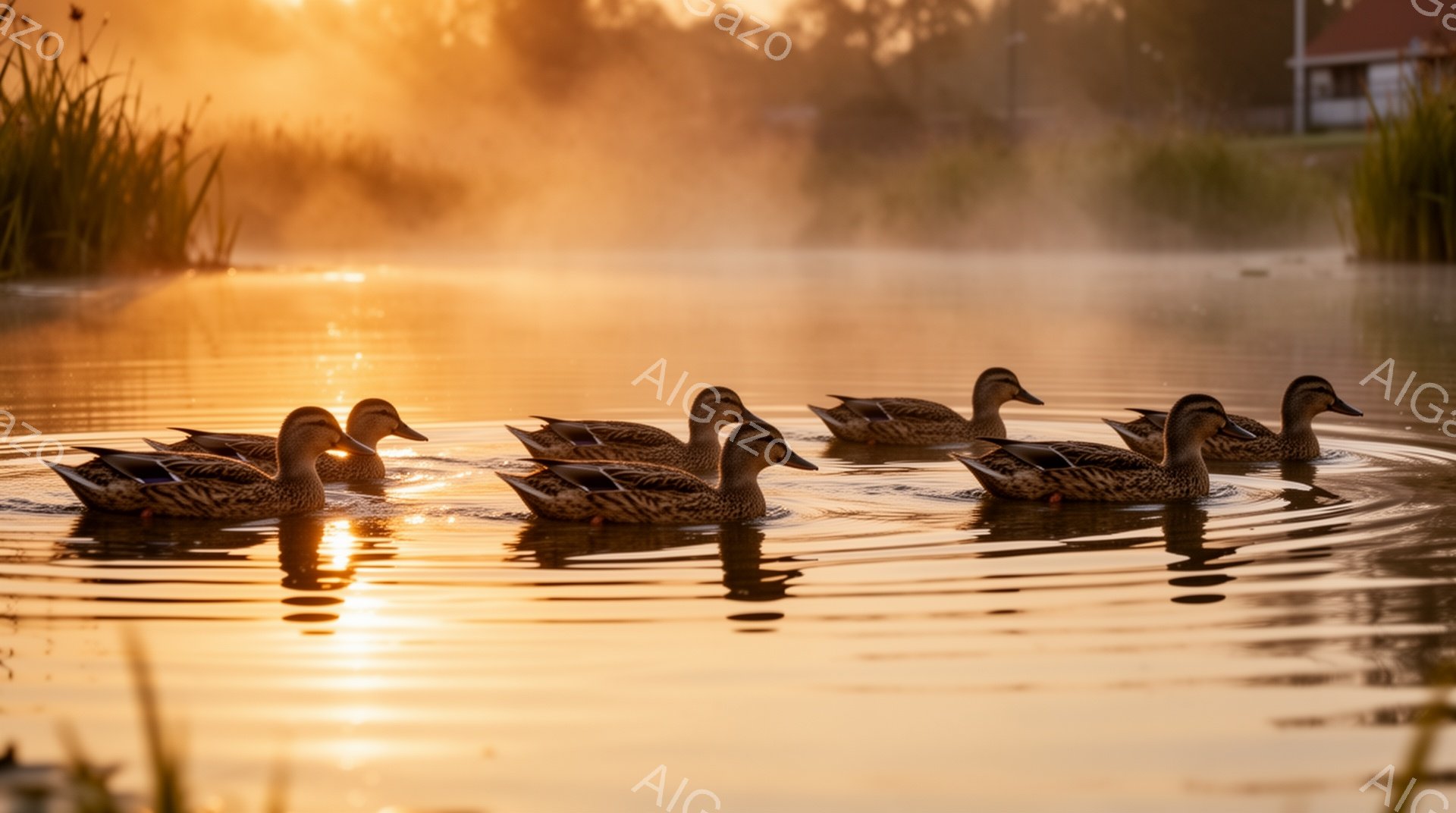 穏やかな朝、複数のアヒルが水面を静かに泳いでいる。朝日が水面に反射し、霧が立ち込める中、黄金色の光がアヒルたちを照らしている。水鳥の平和な姿と、朝の幻想的な風景が印象的だ。 - AI生成フリー素材