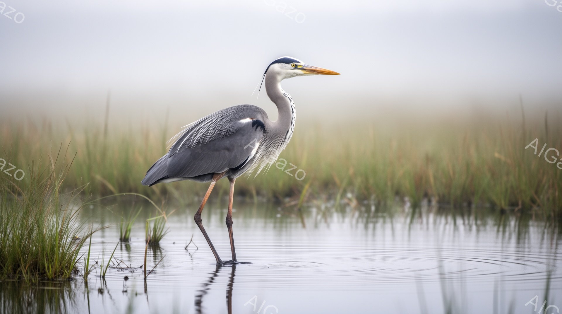 浅瀬の穏やかな水面に一羽のアオサギが立ち、長い脚で水面を歩いている。背景は霧に包まれ、草の緑と水面の反射が静けさを強調している。鳥の落ち着いた姿勢と背景のぼやけが、穏やかで瞑想的な雰囲気を醸し出している。