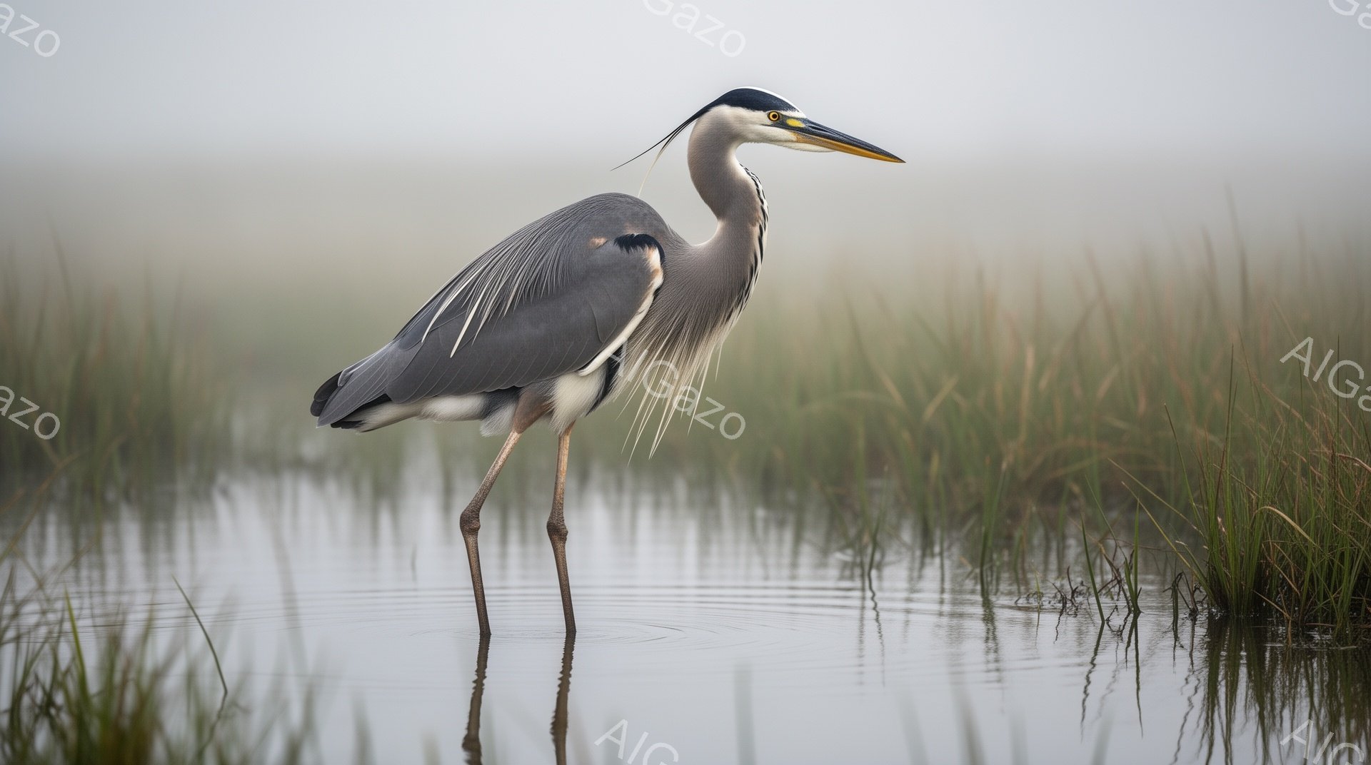 浅瀬で一羽のアオサギが静かに佇んでいる。長い脚を水中に沈め、獲物を狙っているようだ。周囲は薄霧に包まれ、穏やかな雰囲気を醸し出している。